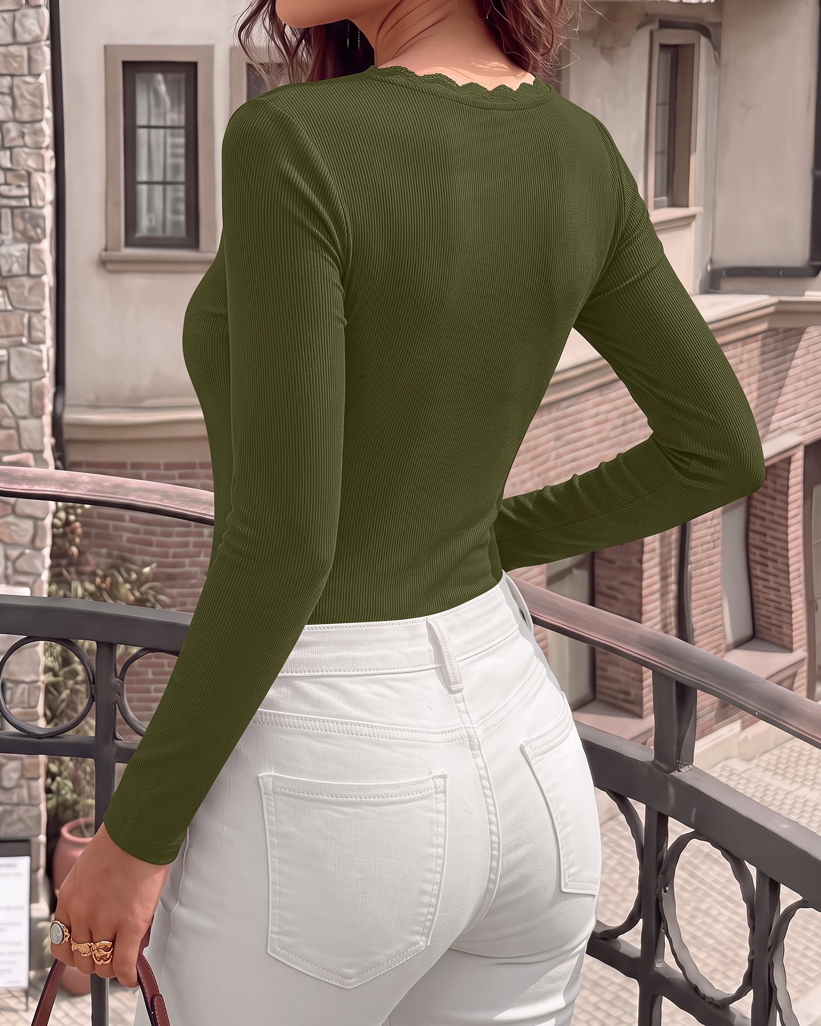 BTFBM Lace Deep V Neck Fitted Long Sleeve Shirts for Women | Womens Fall Fashion, Casual T Shirt, Base Layer, Basic Undershirts, Slim Fit Going Out Tops, Date Night Out Outfits