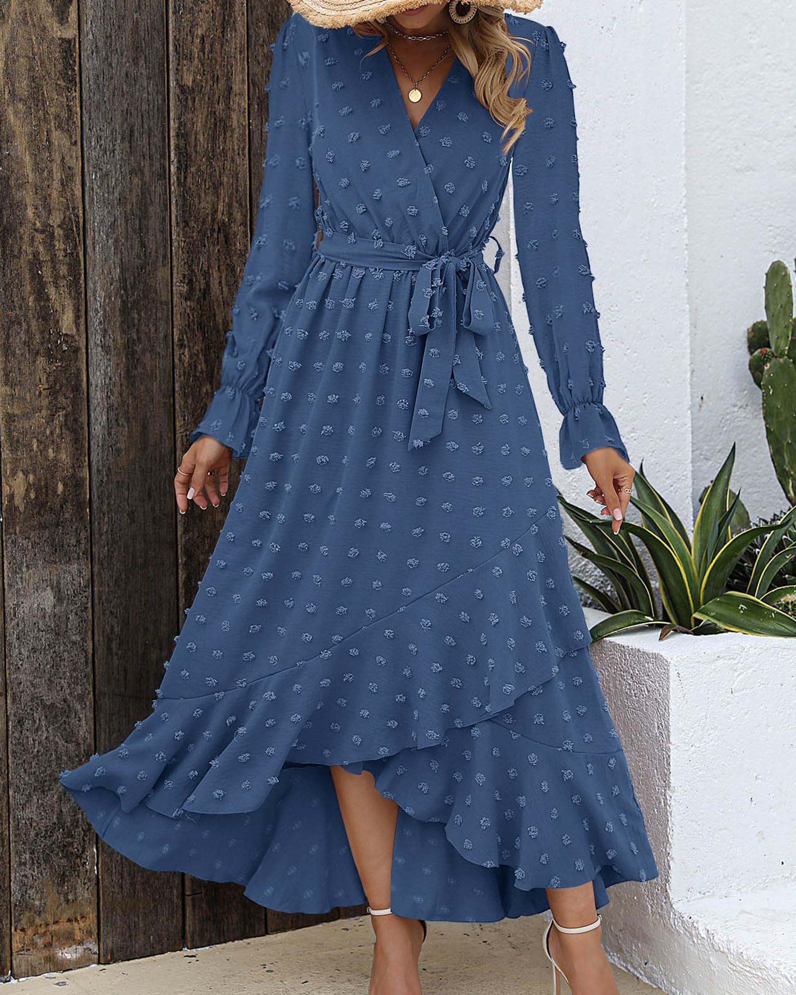 FreshPretty Long Sleeve Maxi Dresses for Women V Neck Swiss Dot Boho Flowy Slit Cocktail Wedding Guest Dress Fall Clothes