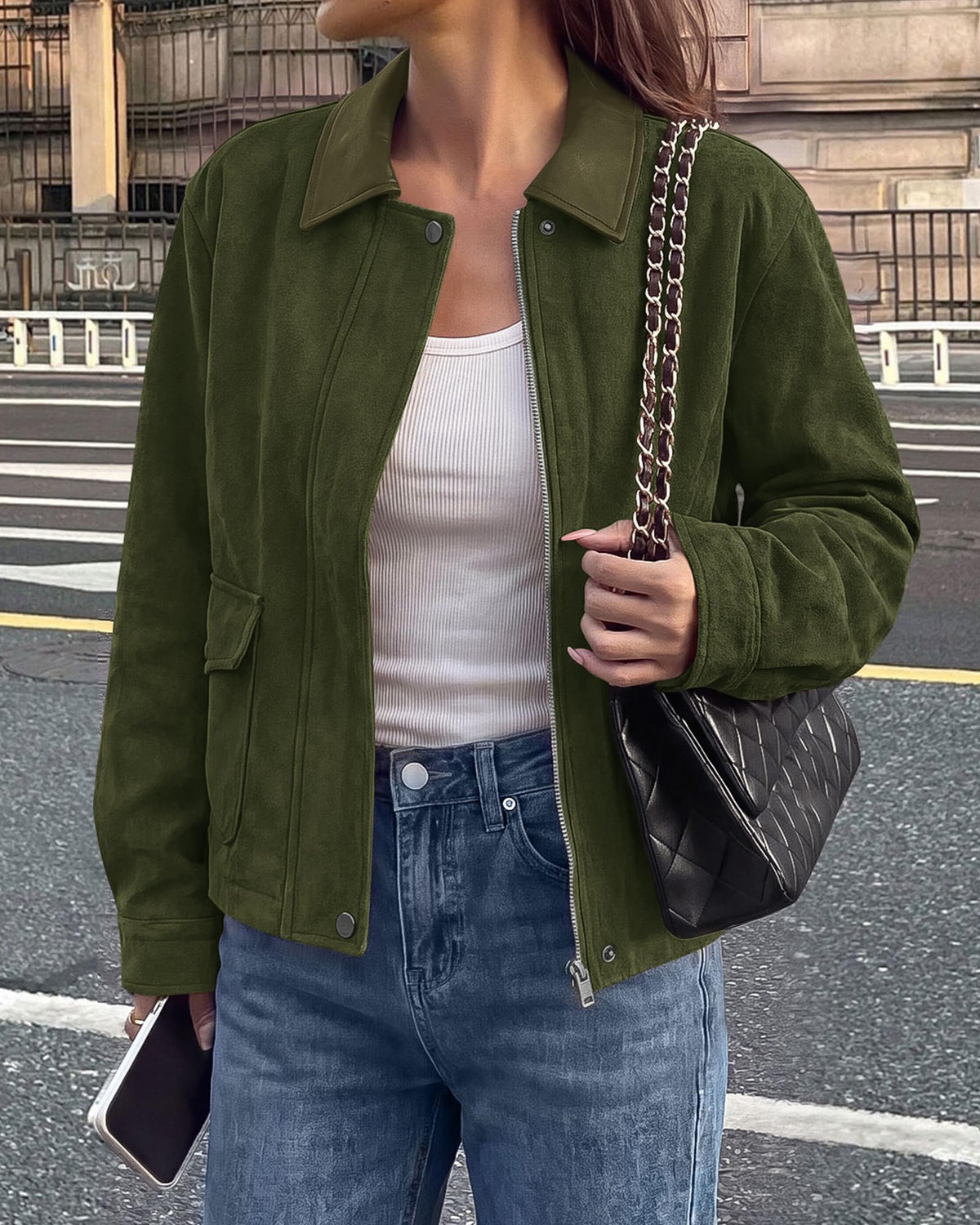 BTFBM Faux Suede Jacket Women Leather Lapel Zip Up Fall Outfits Button Down Long Sleeve Outerwear With Flap Pockets, Early Winter Coats, Motorcycle Jackets, Western Country Concert Outfits