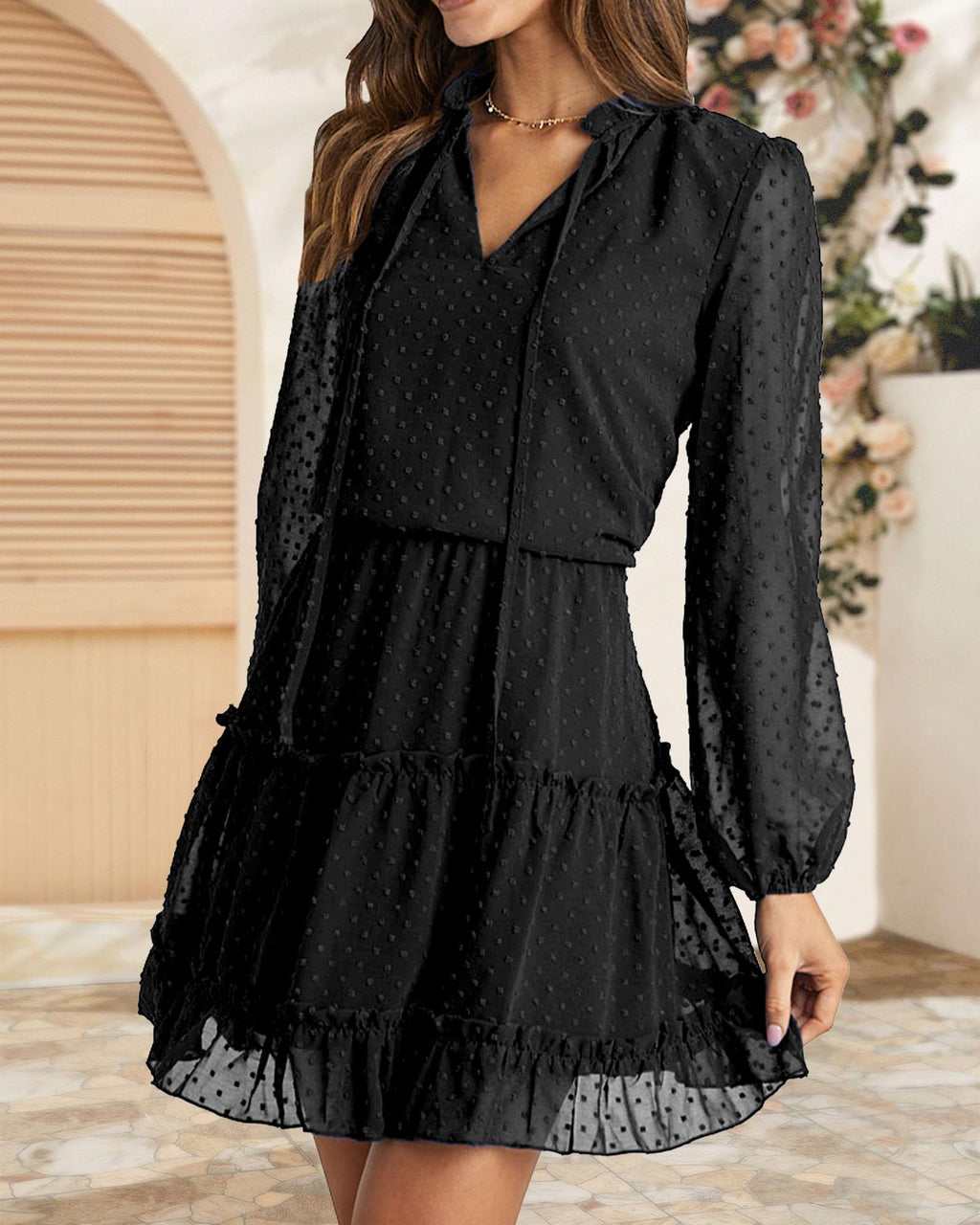FreshPretty Long Sleeve Fall Dresses for Women Summer Casual Tie Neck Ruffle Tiered A Line Wedding Guest Short Mini Dress