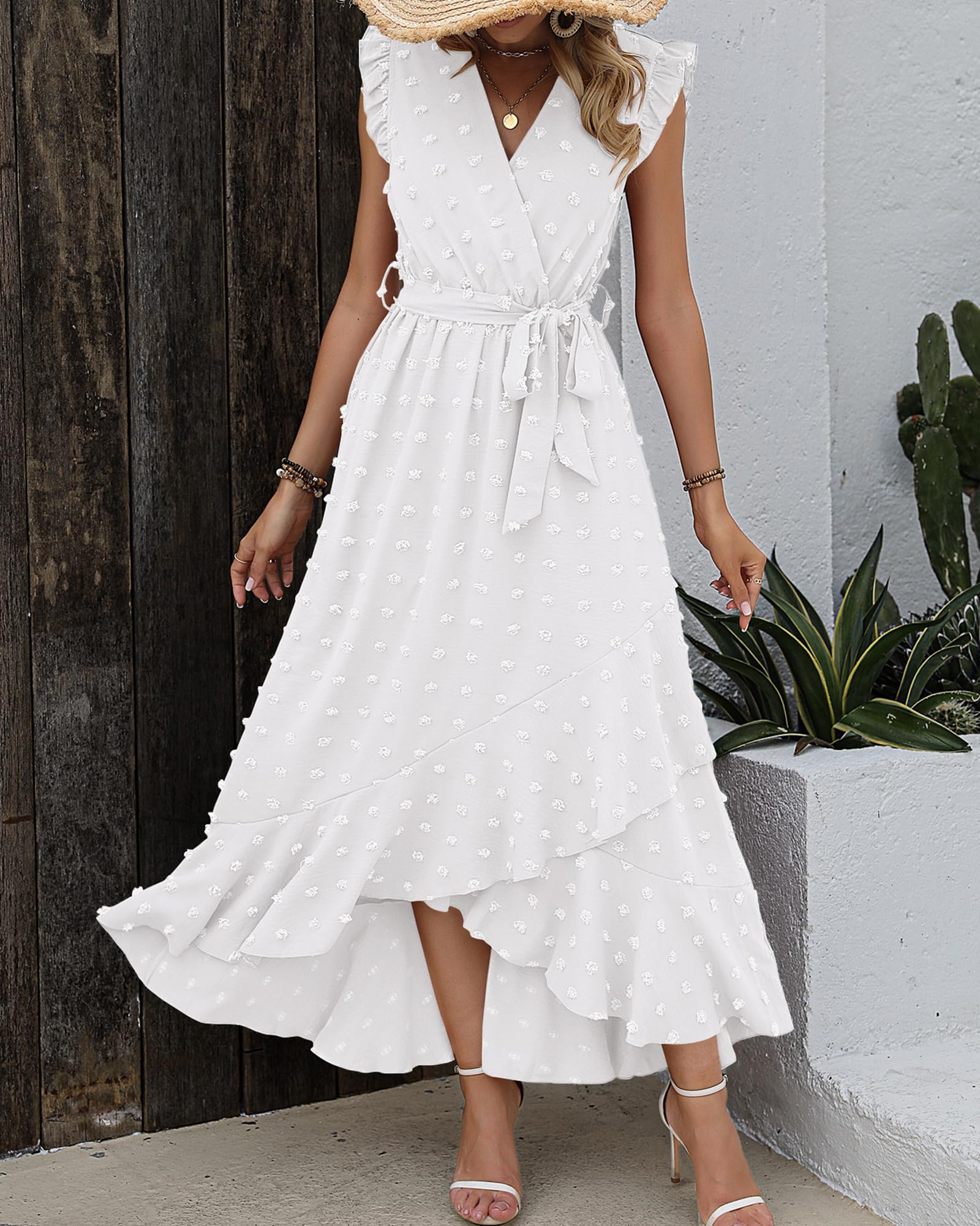 BTFBM Boho Dresses for Women Spring Fashion Cap Sleeve Swiss Dot Flowy Ruffle Beach Wedding Cocktail Maxi Dress