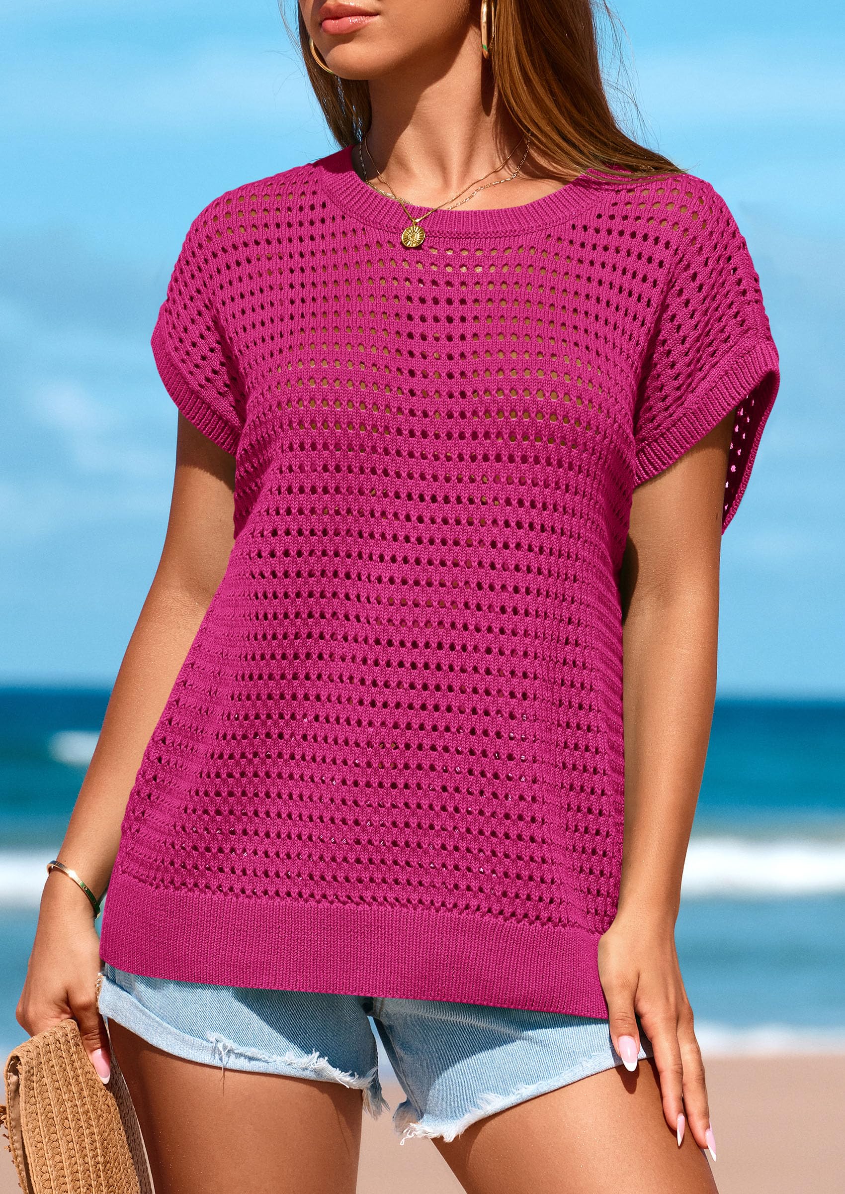 PRETTYGARDEN Womens Spring Tops Summer Shirts Crochet Cap Sleeve Sweater Pullover Cute Beach Vacation Clothes