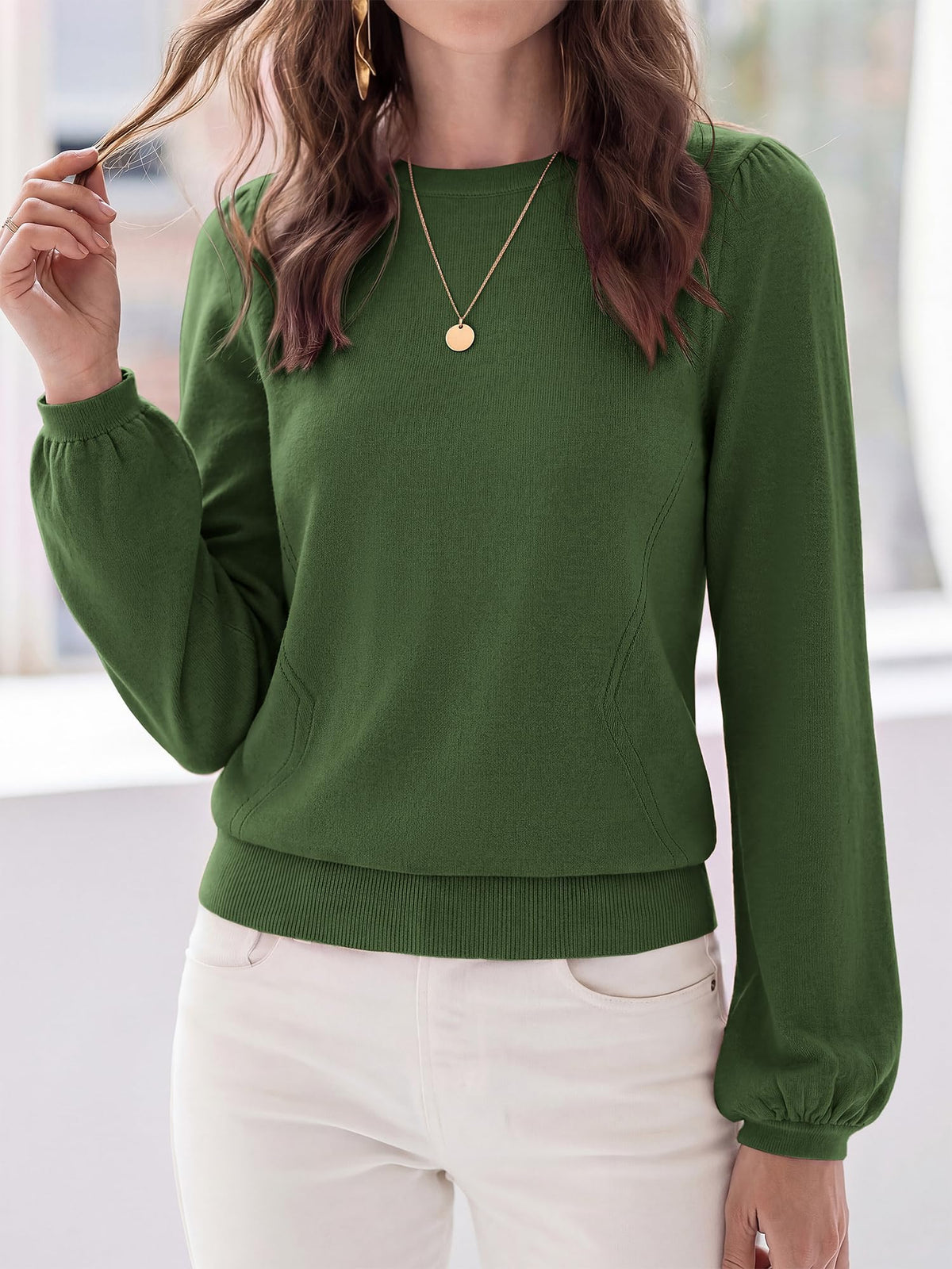 FreshPretty Womens Sweaters Lightweight Puff Sleeve Knit Tops,Soft Knitted Pullover Top,Crew Neck Basic Tunic Shirts,Ribbed Hem,Fall Fashion Dressy Casual Work Office Blouses