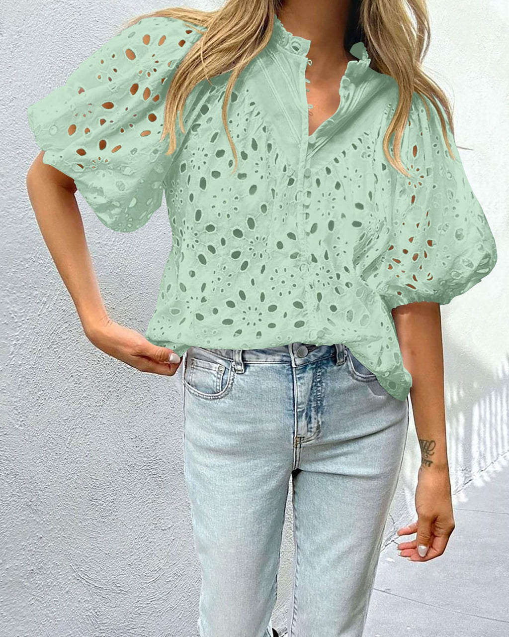PRETTYGARDEN Women's Summer Tops Dressy Casual Short Sleeve V Neck Buttons Hollow Out Lace Embroidered Blouses Shirts