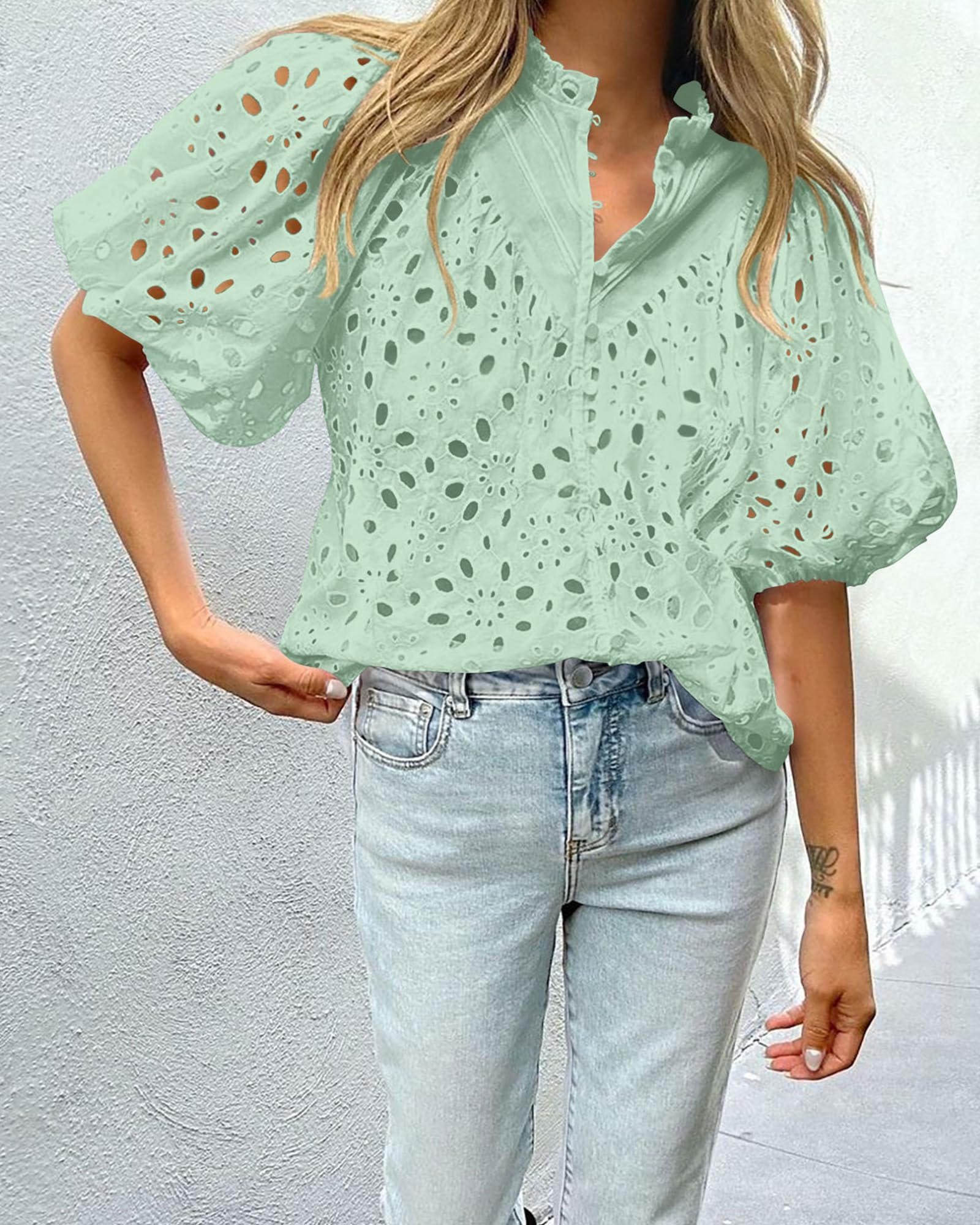 PRETTYGARDEN Women's Summer Tops Dressy Casual Short Sleeve V Neck Buttons Hollow Out Lace Embroidered Blouses Shirts