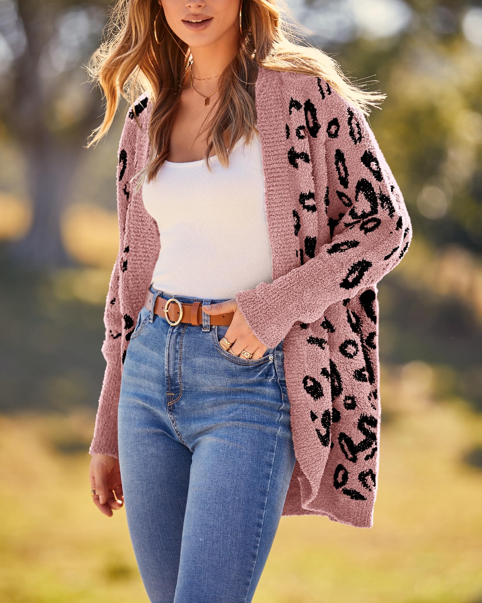 FreshPretty Leopard Cardigan for Women Long Sleeve Open Front Cardigans Sweaters Pockets Loose Knit Fall Winter Outwear