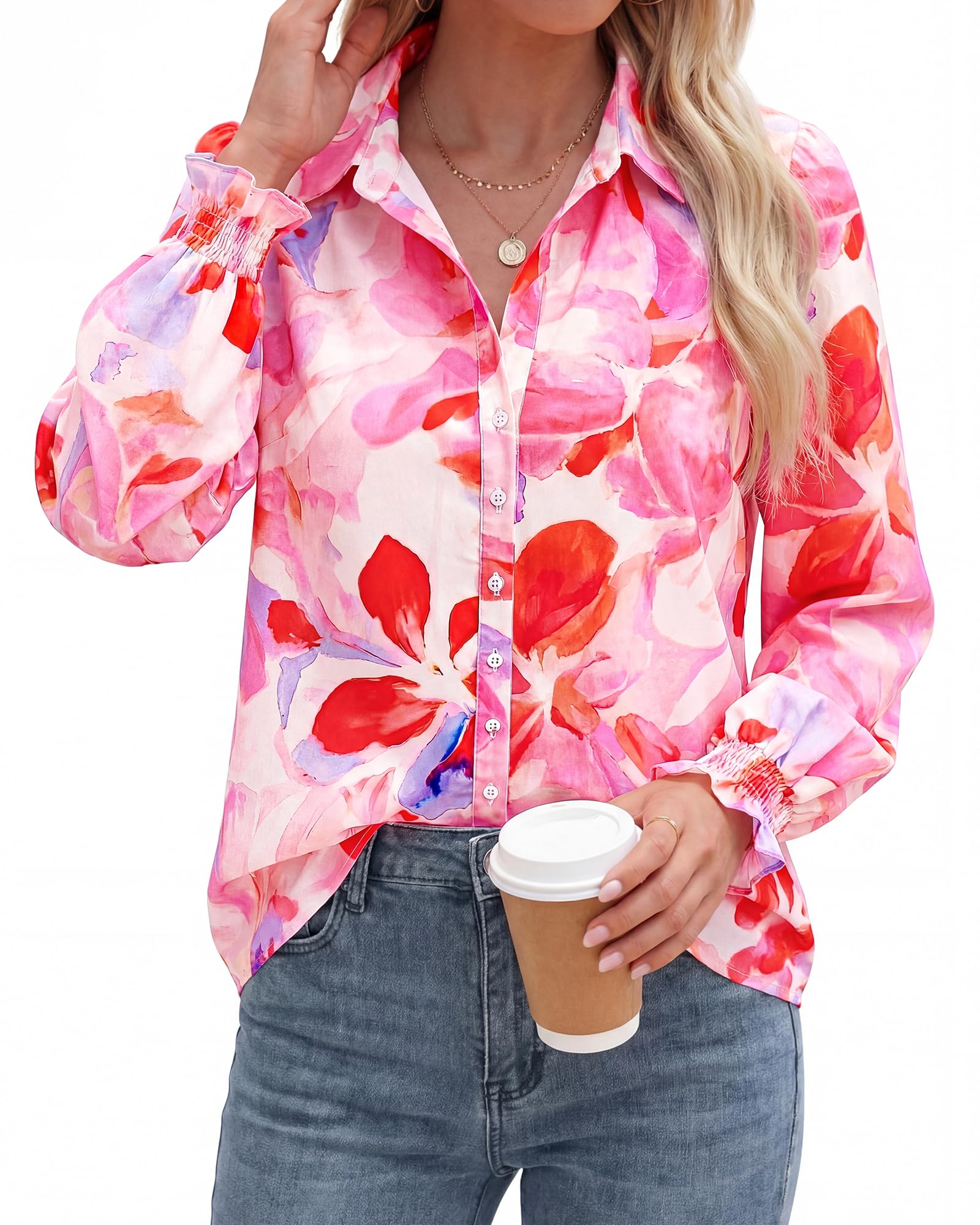 BTFBM Long Sleeve Blouses for Women, Floral V Neck Button Down Shirts, Smocked Cuffs, Business Casual Summer Outfits