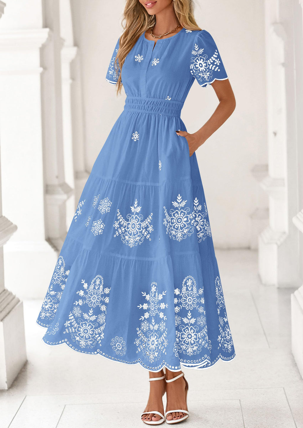 PRETTYGARDEN Boho Dresses for Women Summer Spring Casual Floral Short Sleeve V Neck Maxi Elastic Waist Dress Pockets