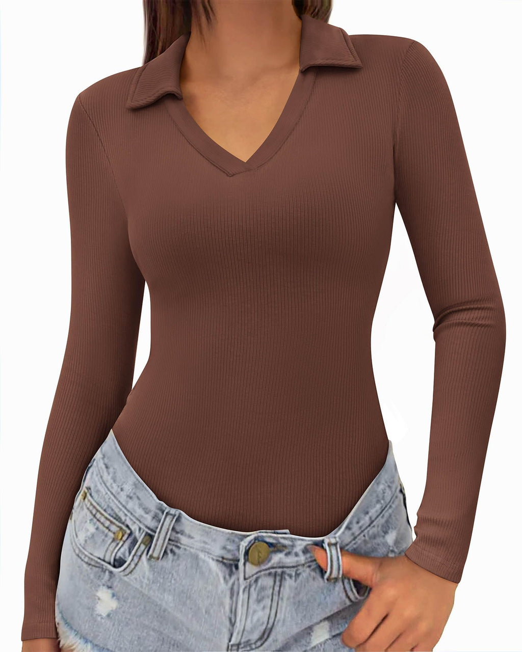 FreshPretty Polo Shirts for Women Long Sleeve Business Casual Tops Spring Fall Ribbed Knit Collared V Neck Slim Work Blouses