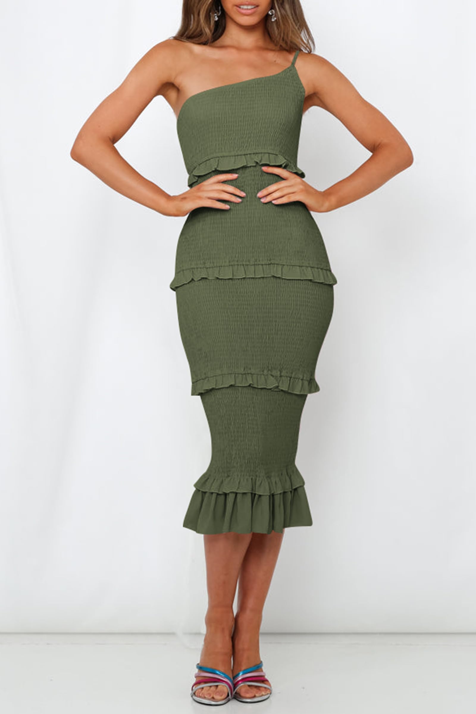 PRETTYGARDEN Women's Summer Midi Bodycon Dresses One Shoulder Strappy Tiered Ruffle Floral Boho Sun Dress