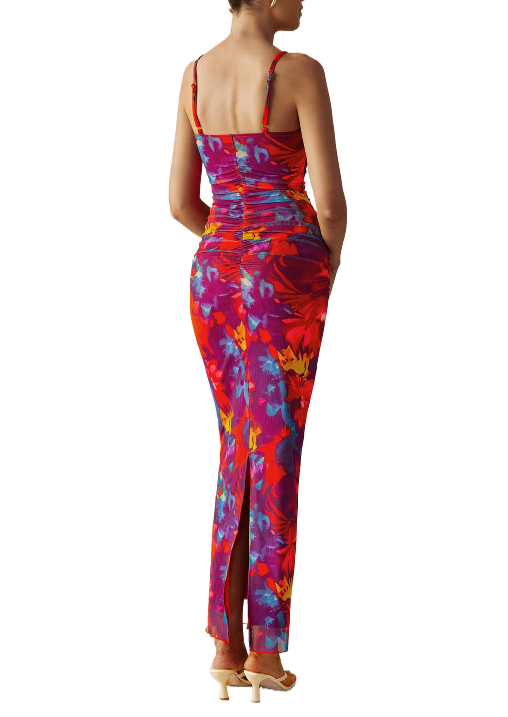 PRETTYGARDEN Summer Wedding Guest Dresses for Women Spaghetti Strap Mesh Bodycon Beach Vacation Floral Maxi Long Dresses