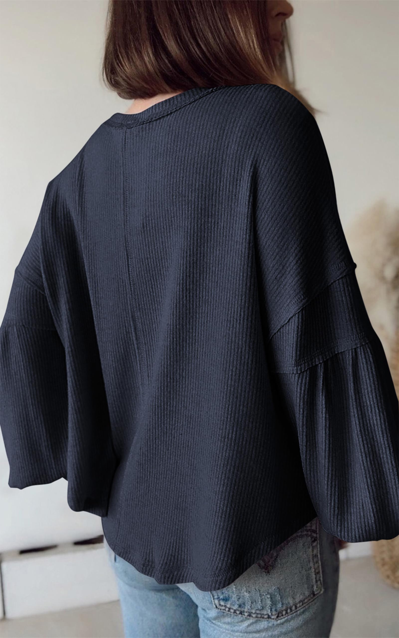 FreshPretty Womens Fall Fashion Long Sleeve Shirts Casual V Neck Ribbed Knit Blouses Pullover Trendy Loose Fit Tunic Tops