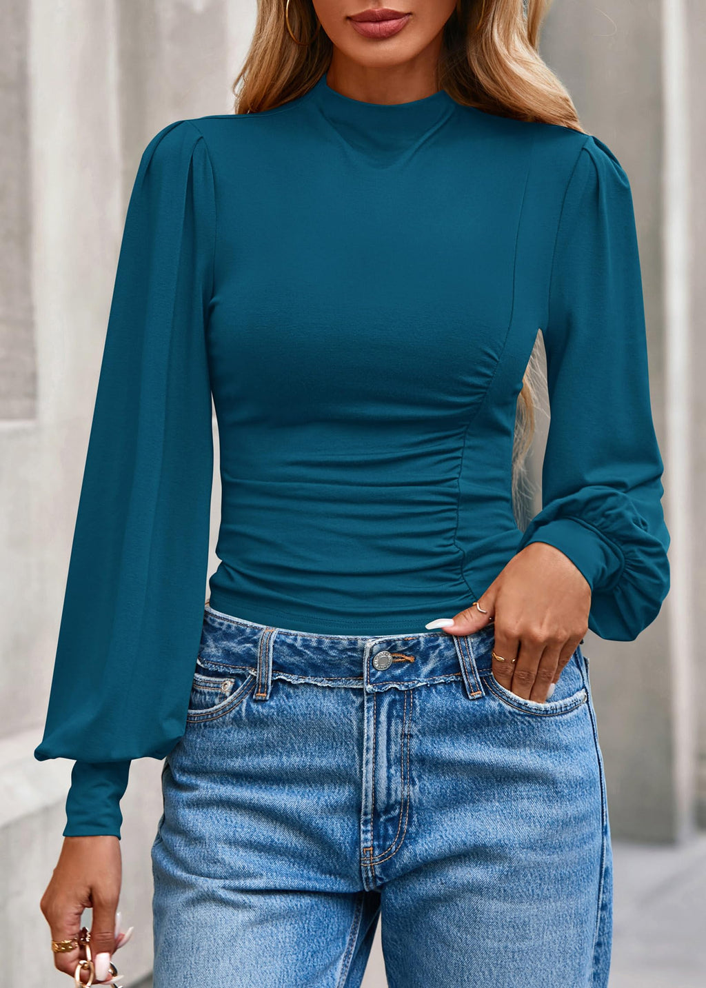 FreshPretty Blouses for Women Dressy Casual Spring Tops Fall Puff Long Sleeve Shirts Fitted Mock Neck Ruched Trendy Tops