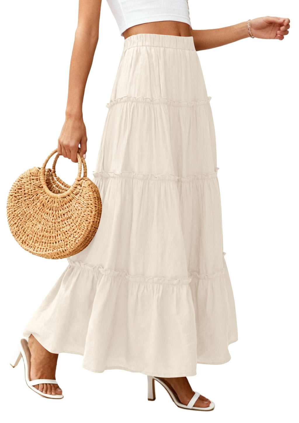 PRETTYGARDEN Women's Tiered Maxi Skirt Summer Spring Fashion High Waisted Long Flowy Casual Boho Beach Vacation Clothes