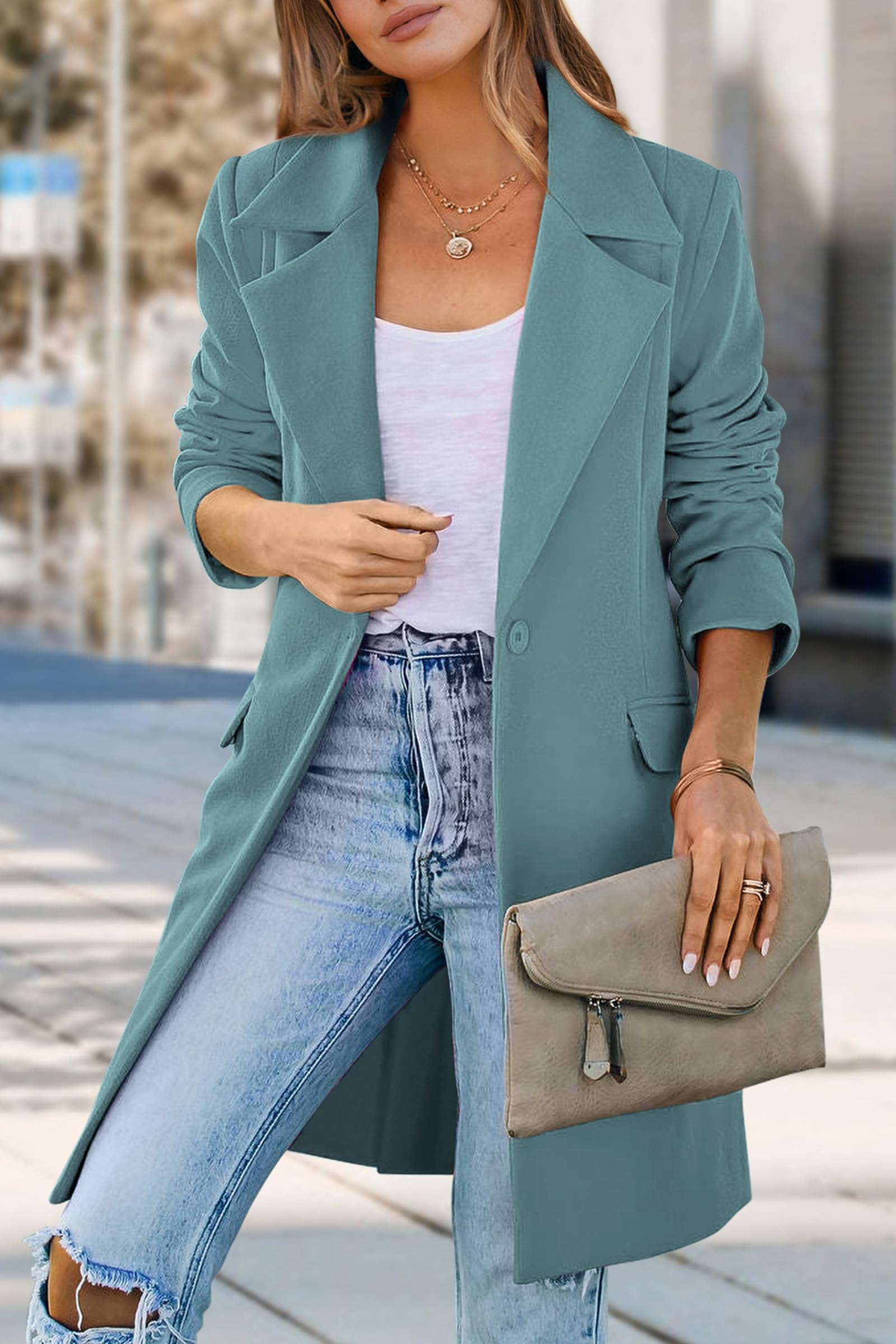PRETTYGARDEN Women's Spring Fall Long Blazer Jackets Long Sleeve Lapel Pockets Loose Fit Work Casual Blazers Outerwear