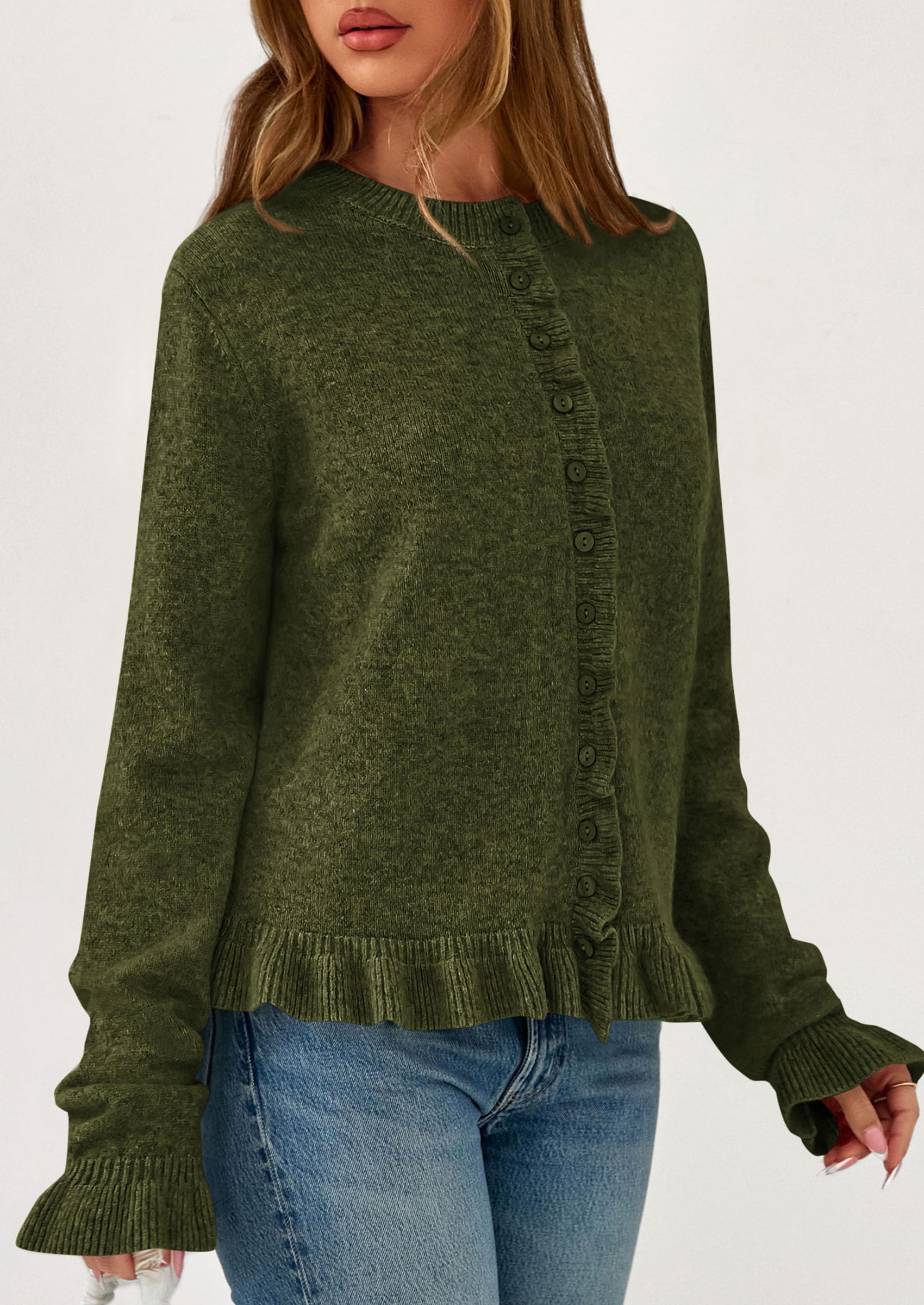 PRETTYGARDEN Womens Fall Button Down Cardigans Chunky Knit Ruffle Open Front Cropped Cardigan Sweaters Soft Long Sleeve Tops