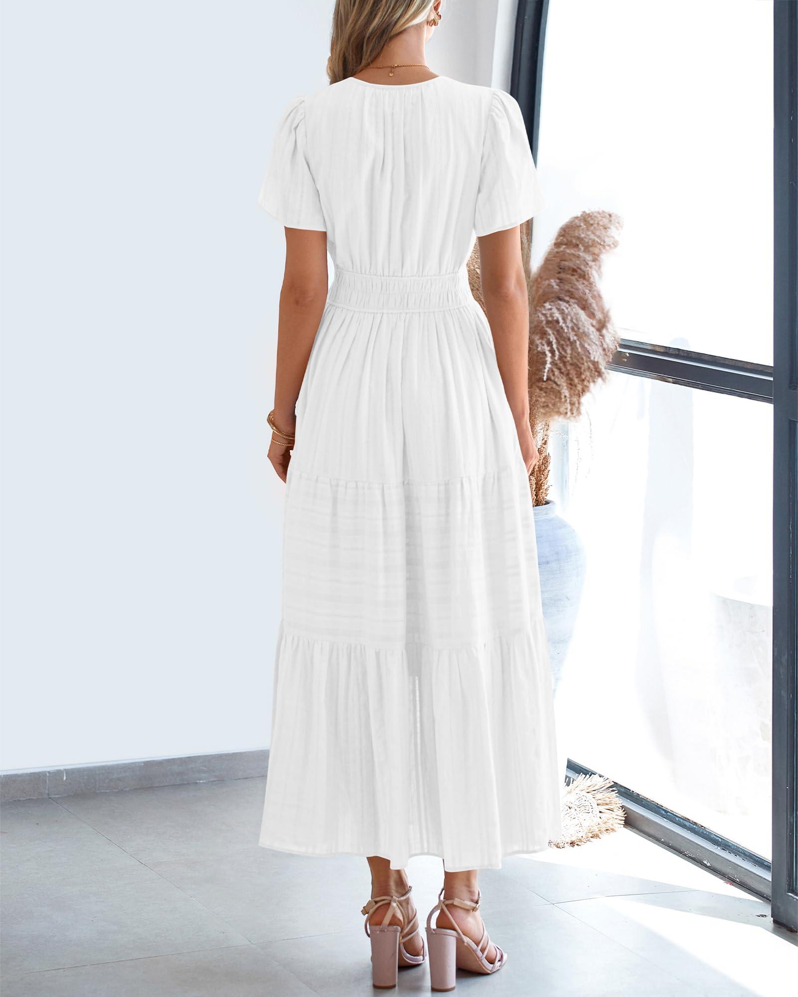 BTFBM Womens Summer Casual Midi Maxi Dresses Lightweight Short Sleeve V Neck Elastic Waist Boho Beach Dress Pockets