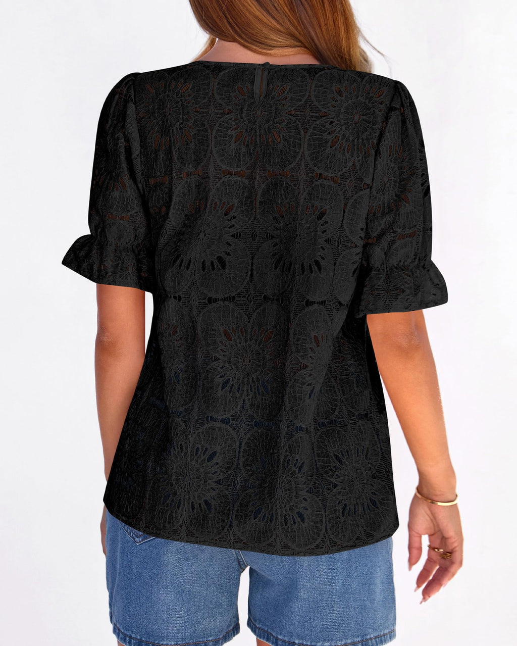 FreshPretty Lace Tops for Women Blouses Dressy Casual Boho Eyelet Puff Short Sleeve Shirts Spring Summer Clothes Vacation Outfits