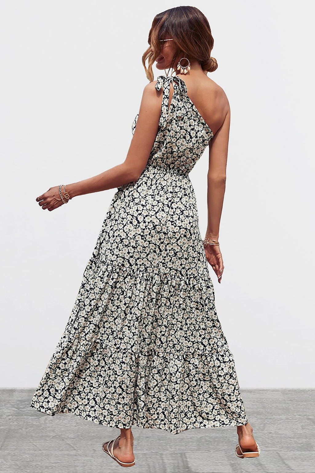 PRETTYGARDEN Women's Summer Floral One Shoulder Maxi Dress Knot Ruffle Boho Beach Vacation Wedding Guest Long Sun Dresses