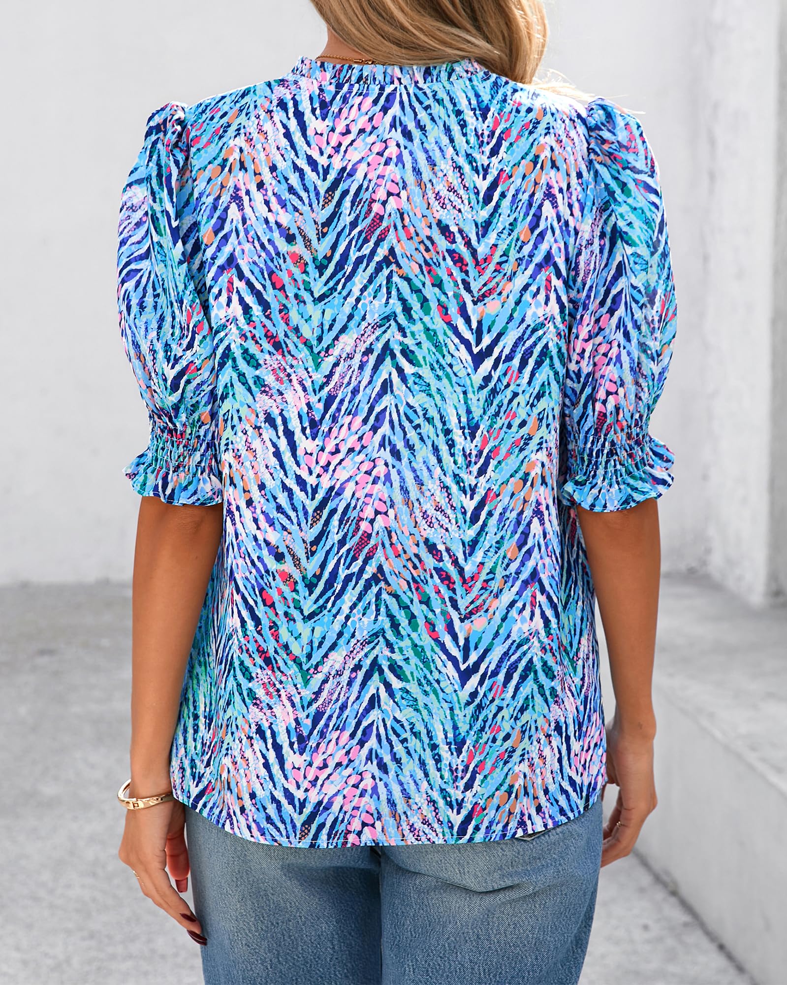 FreshPretty Summer Blouses for Women Dressy Casual  Fashion Spring Tops Floral Boho V Neck Puff Short Sleeve Top Shirts