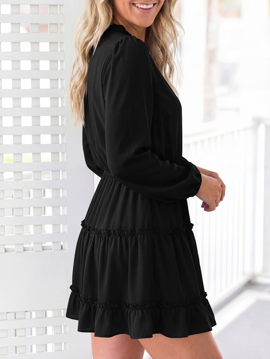 BTFBM Long Sleeve Summer Dresses for Women Casual Tie Neck Ruffle Tiered A Line Mini Spring Wedding Guest Dress