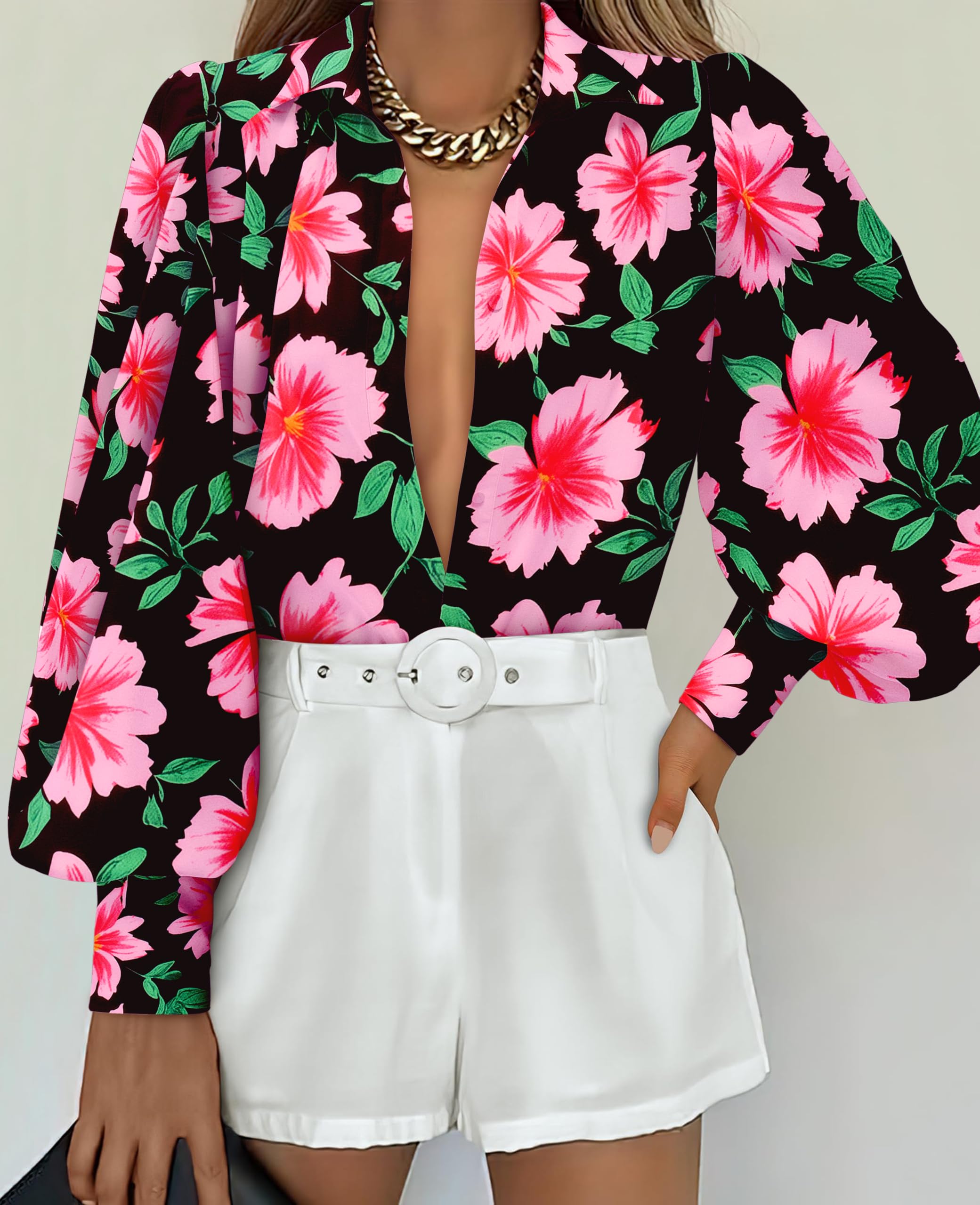 BTFBM Women Fashion Button Down Shirts V Neck Boho Printed Long Sleeve Blouses Dressy Casual Spring Fall Tops