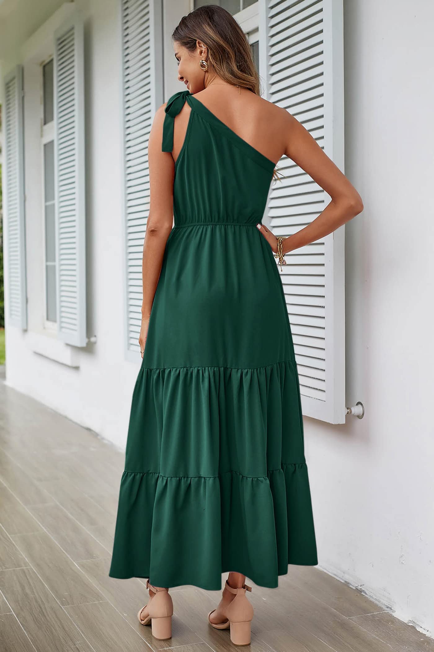 PRETTYGARDEN Women's Summer Floral One Shoulder Maxi Dress Knot Ruffle Boho Beach Vacation Wedding Guest Long Sun Dresses