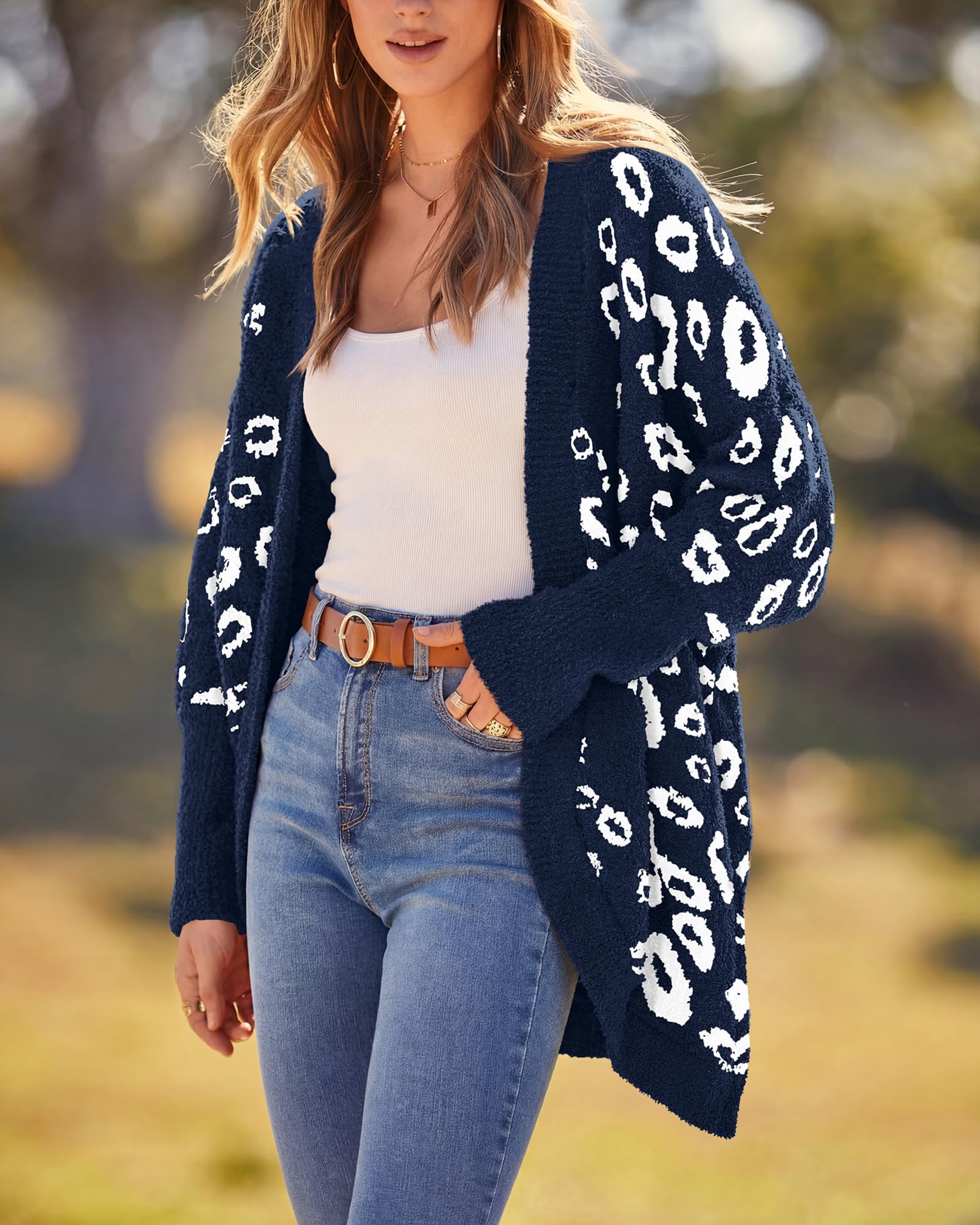 BTFBM Leopard Cardigan for Women Long Sleeve Open Front Cardigans Sweaters Pockets Loose Knit Fall Spring Outwear