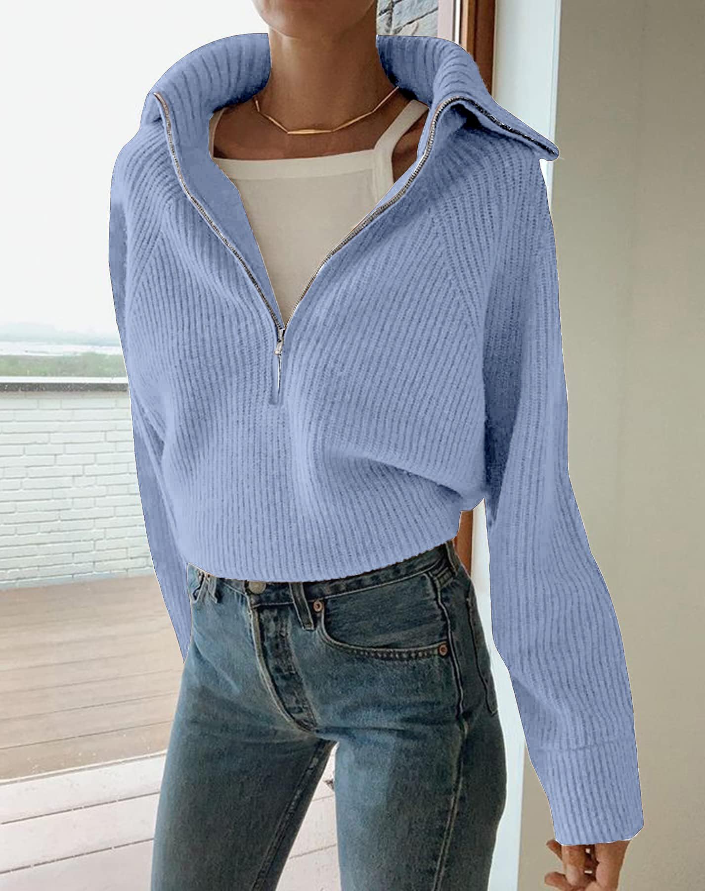 FreshPretty Womens Sweaters Quarter Zip Pullover V Neck Collar Long Sleeve Ribbed Knit Loose Casual Winter Fall Sweater