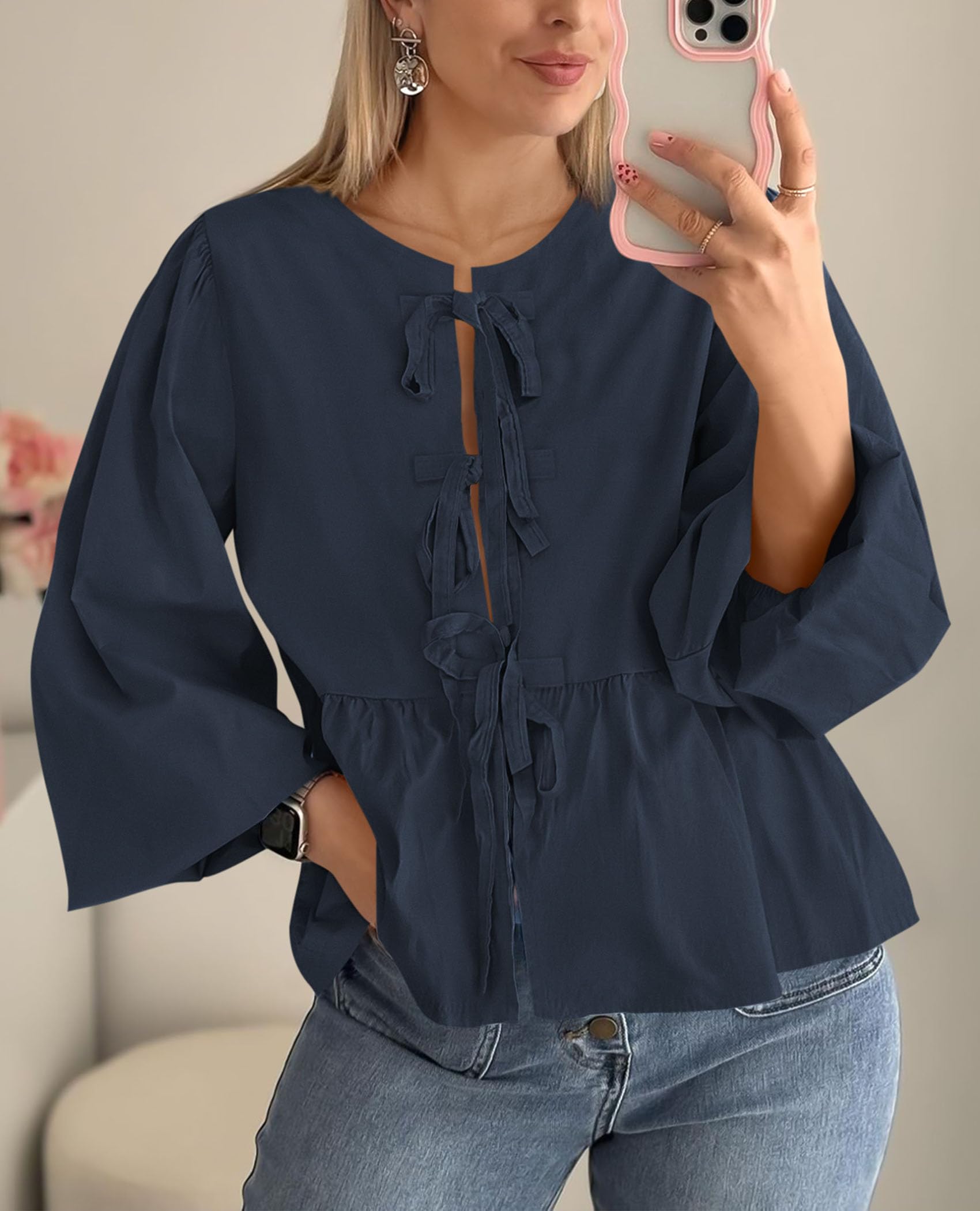 PRETTYGARDEN Women's Spring Fall Babydoll Peplum Blouse Shirt Puff Long Sleeve Bow Tie Front Trendy Cute Y2K Going Out Tops