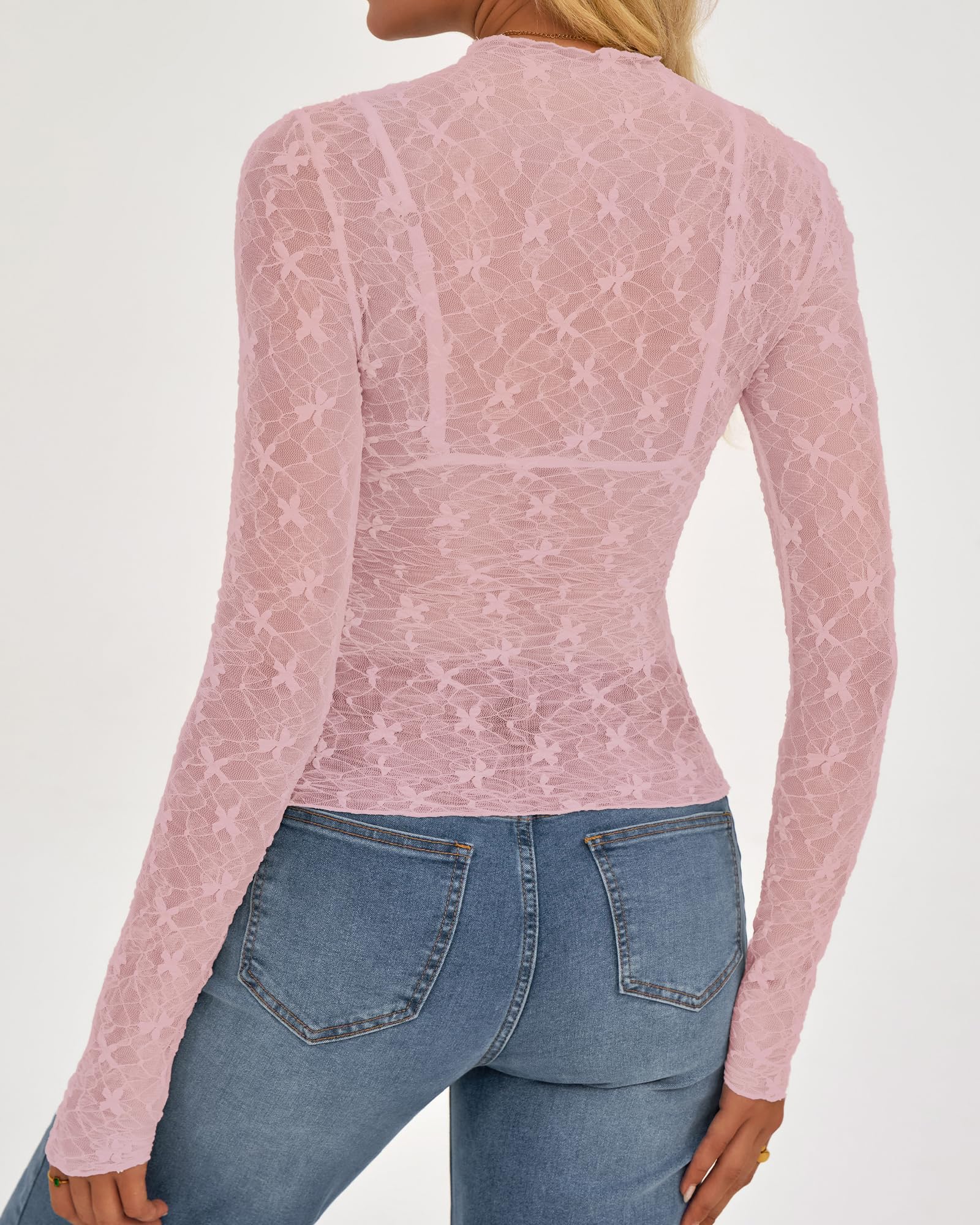 FreshPretty  Mesh Lace Tops Long Sleeve Shirts for Women Spring Fall See Through Crew Neck Slim Fitted Party Club Outfits