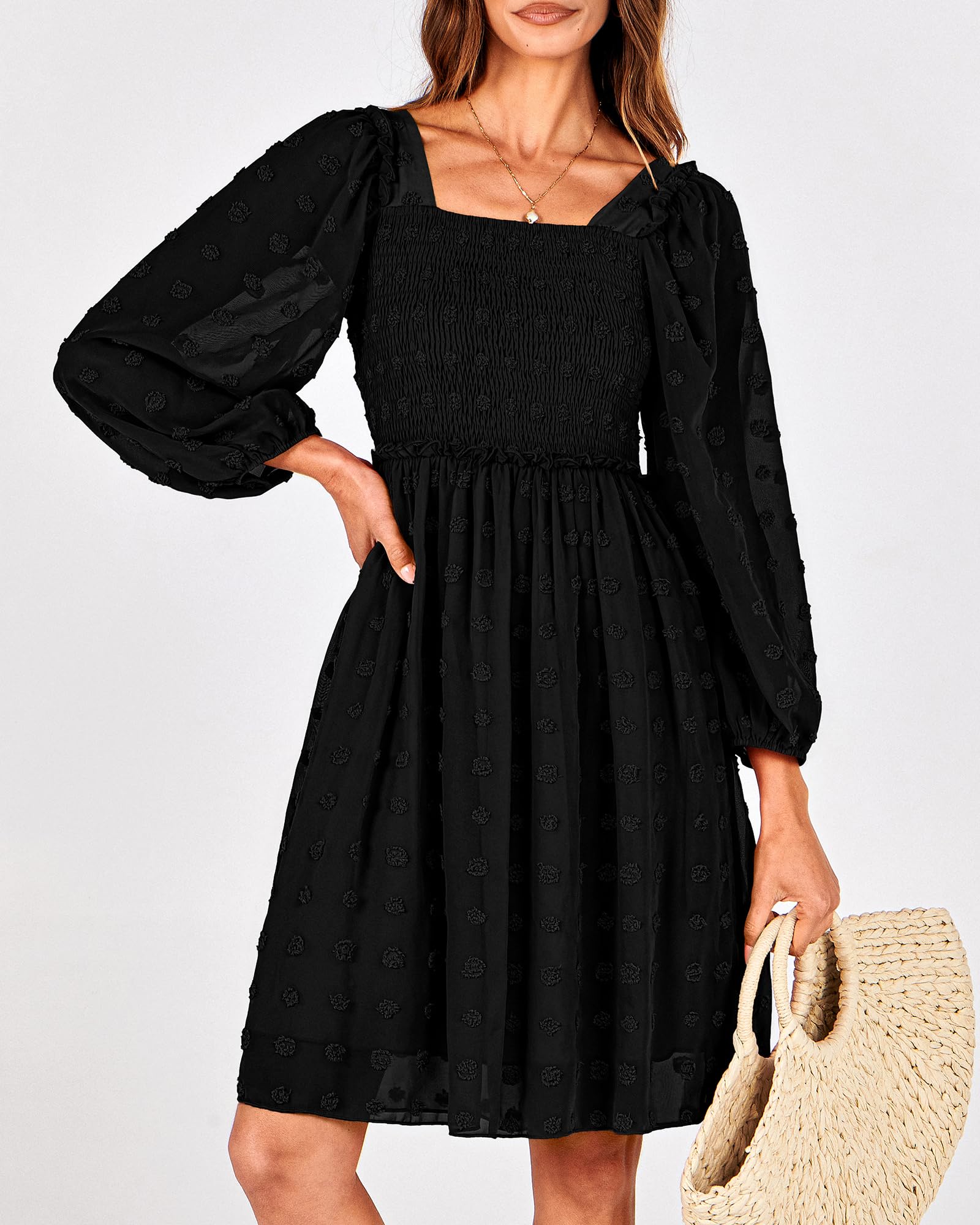BTFBM Womens Long Sleeve Dress Summer Vacation Square Neck Smocked Floral Mini Boho Spring Wedding Guest Dresses