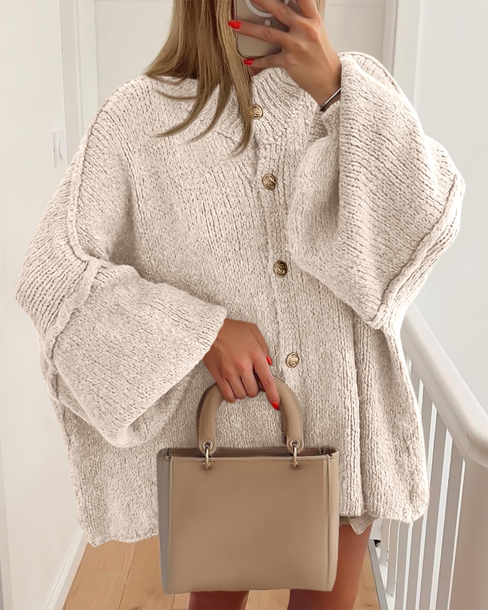 BTFBM Cardigan Sweaters for Women Fall Clothes Lantern Long Sleeve Button Open Front Chunky Knit Oversized Sweater