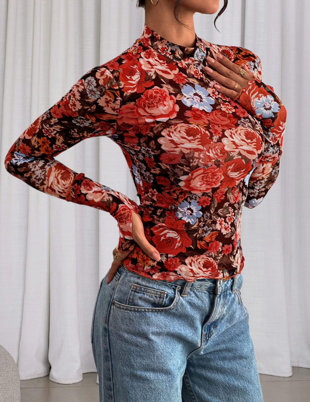 PRETTYGARDEN Womens Fall Mesh Floral Blouses Long Sleeve Going Out Tops Slim Fitted Shirts Date Night Outfits