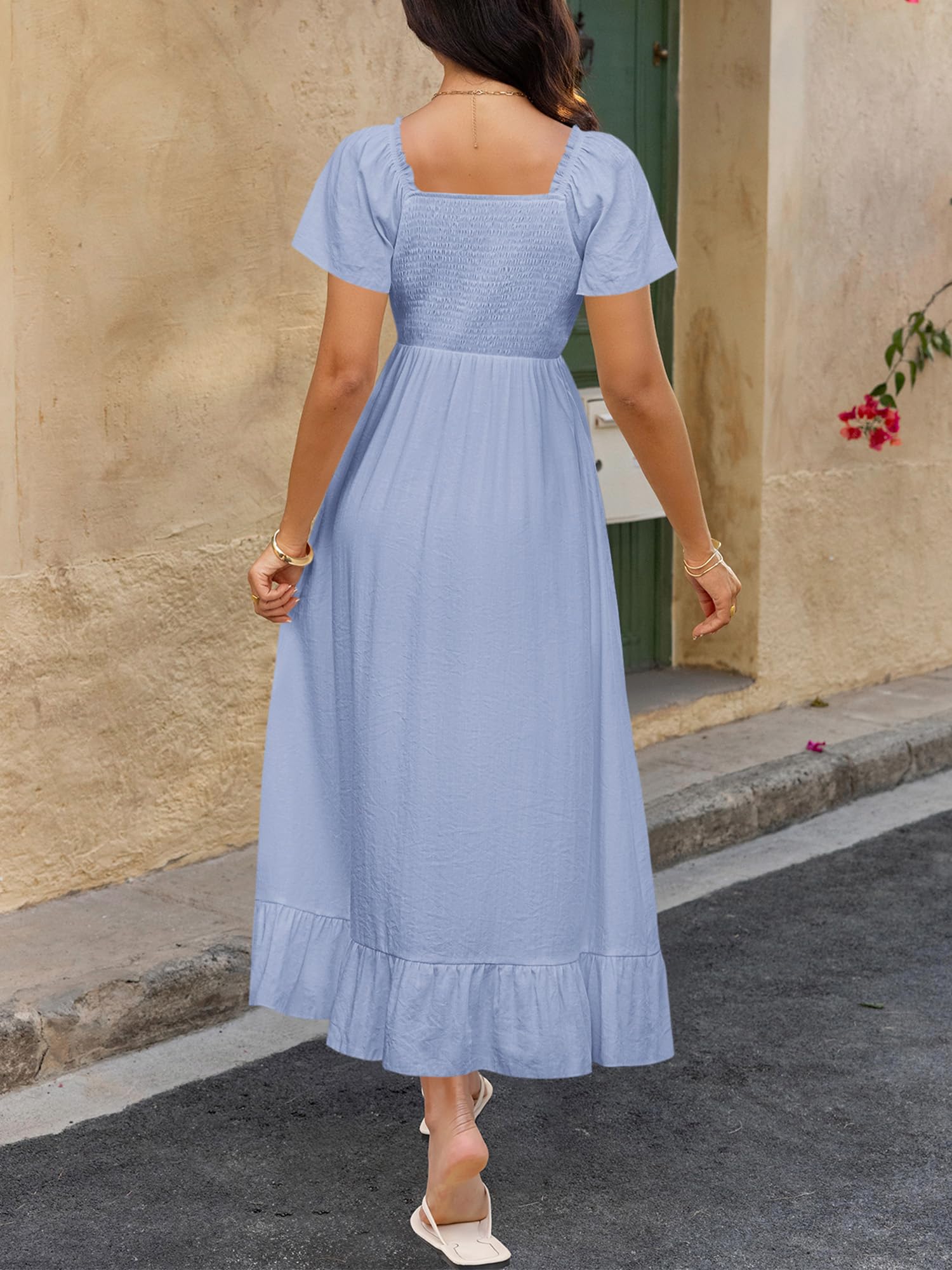 BTFBM Womens Spring Dresses Casual Short Sleeve V Neck Drawstring Wedding Guest Maxi Dresses Boho Beach Long Dress