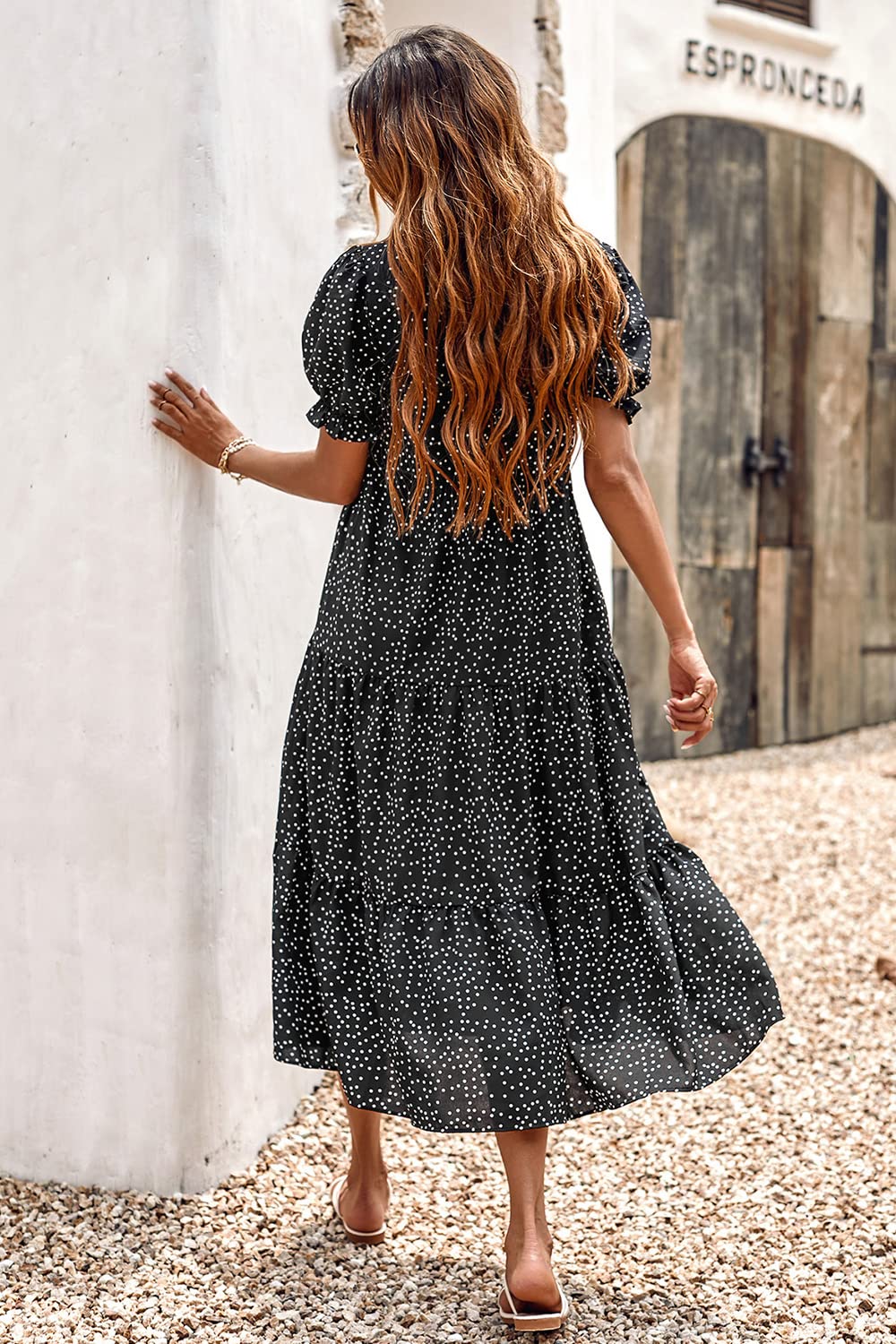 PRETTYGARDEN Summer Dresses for Women Casual Floral Boho Midi Sun Dress Puff Short Sleeve Flowy Beach Vacation Sundress