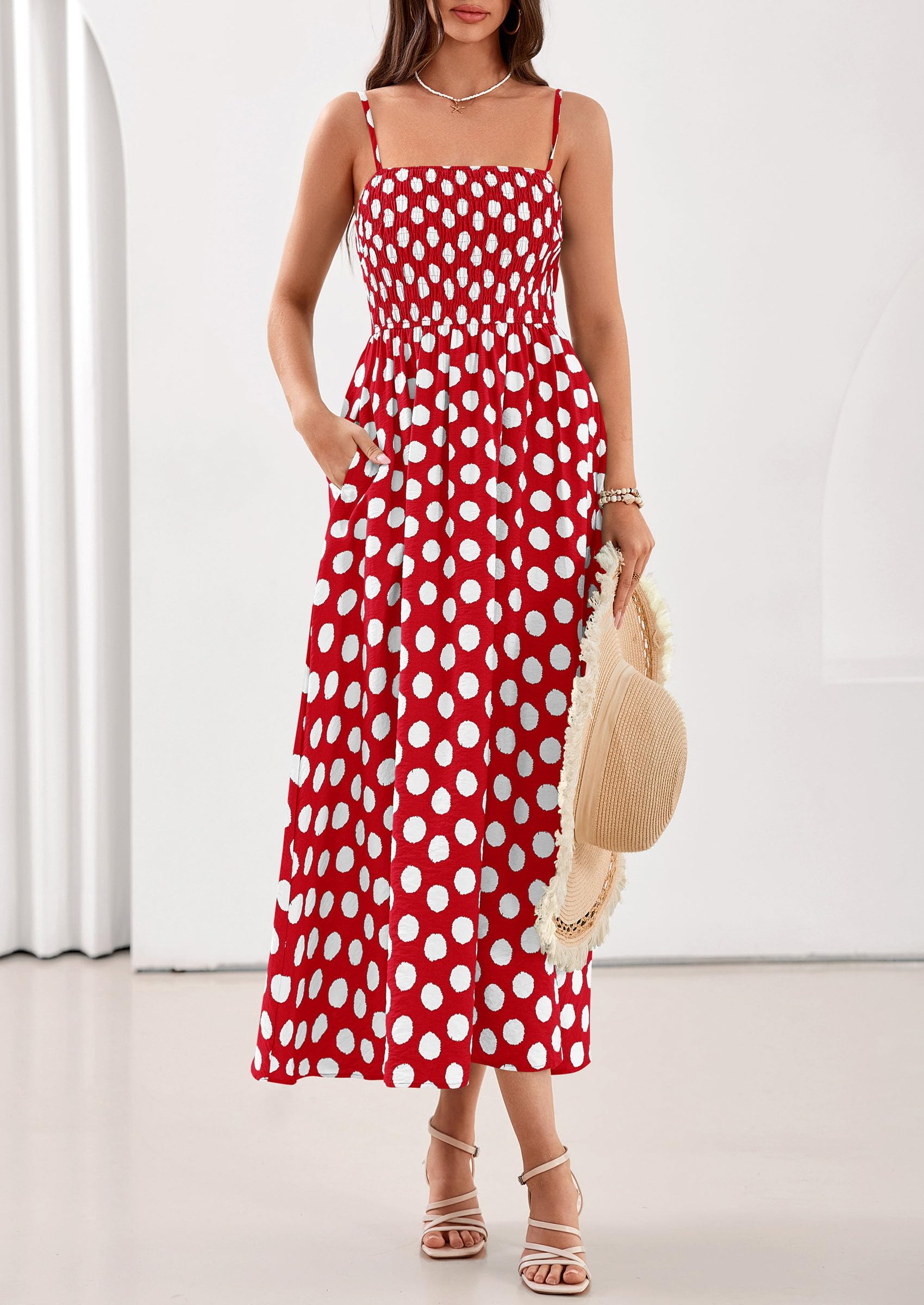 PRETTYGARDEN Womens Polka Dot Dress Summer Sleeveless Spaghetti Straps Smocked Sun Dress Flowy Spring Beach Midi Dresses