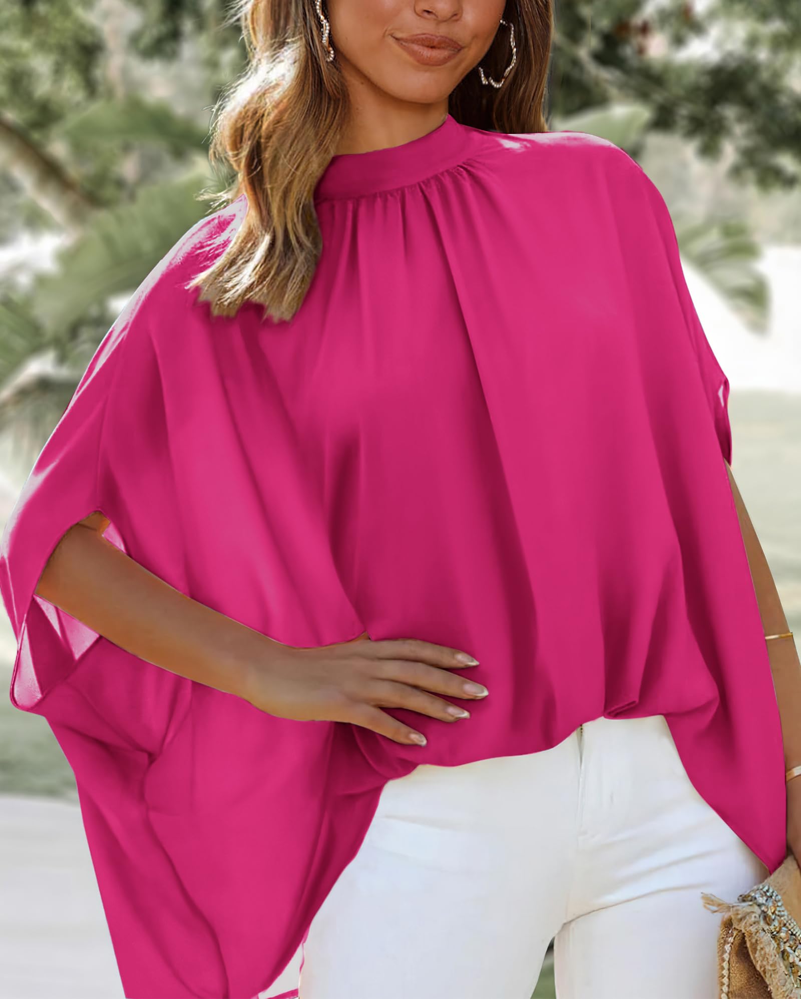 FreshPretty Womens Summer Tops Fall Mock Neck Batwing Sleeve Shirts Loose High Low Hem Oversized Dressy Casual Blouses