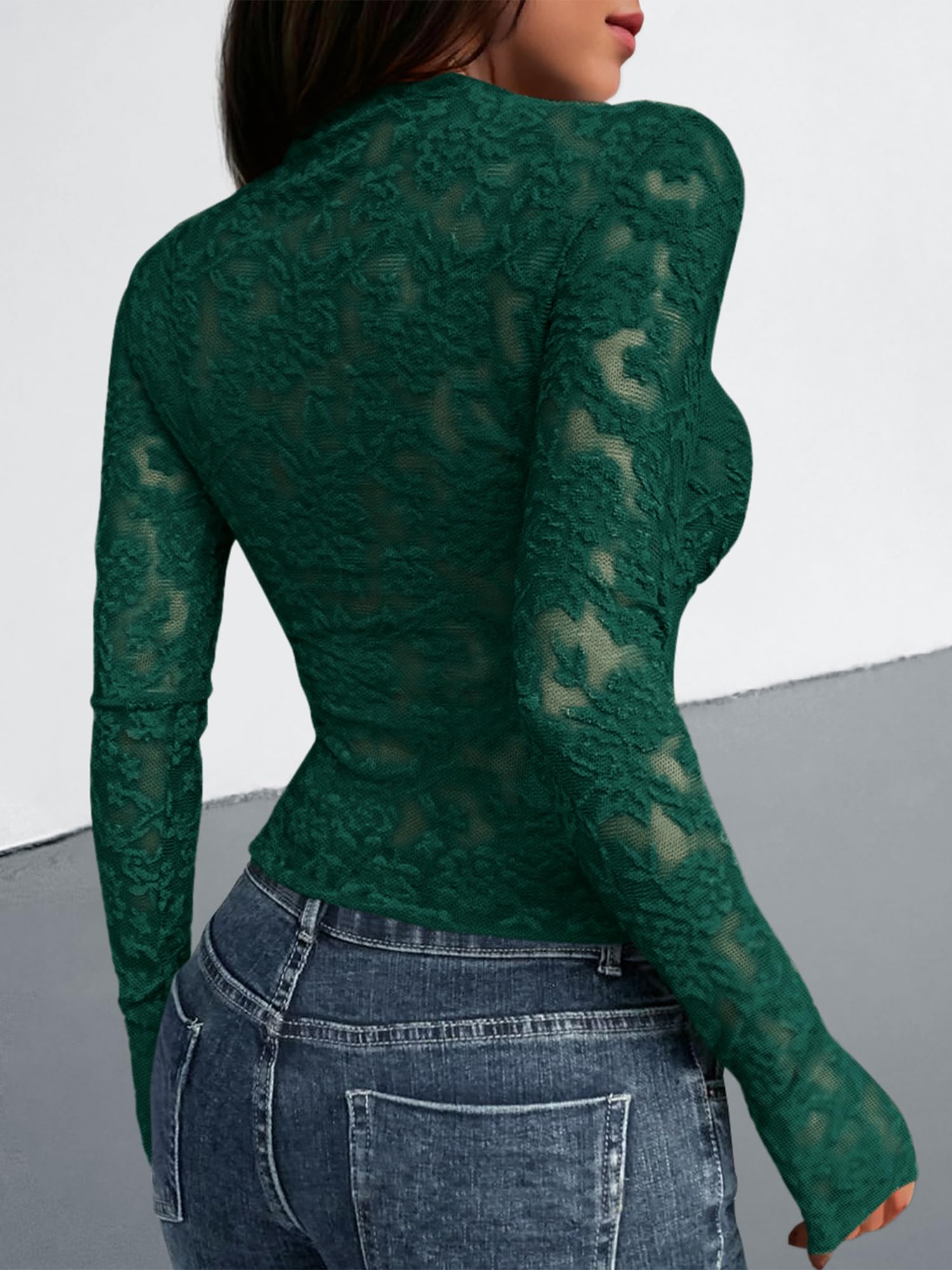 BTFBM Mesh Long Sleeve Tops for Women Lace Sheer Tight See Through Crew Neck Spring Fall Party Club Outfits