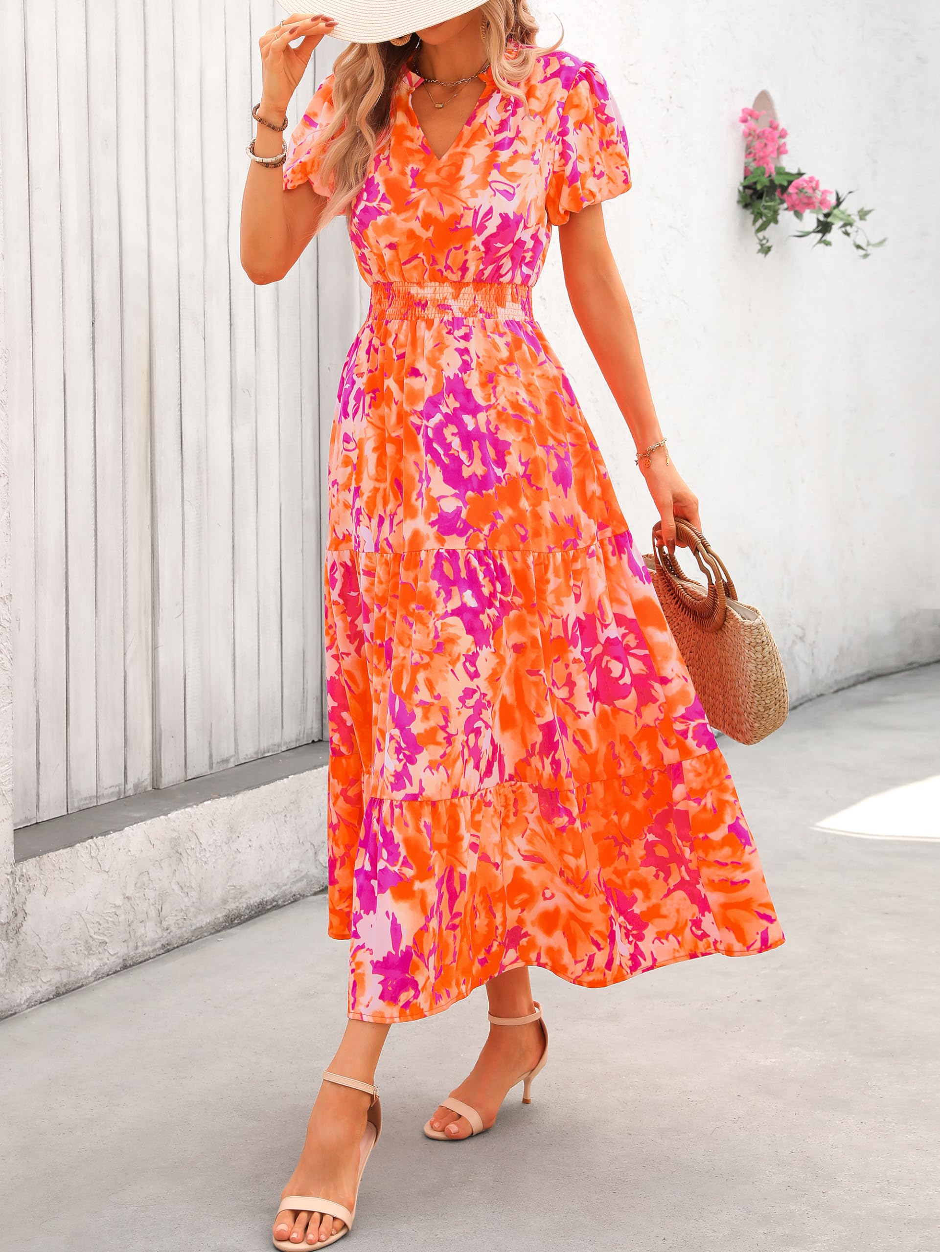 PRETTYGARDEN Summer Maxi Dresses for Women  Casual V Neck Puff Short Sleeve Smocked Flowy Beach Boho Long Floral Dress