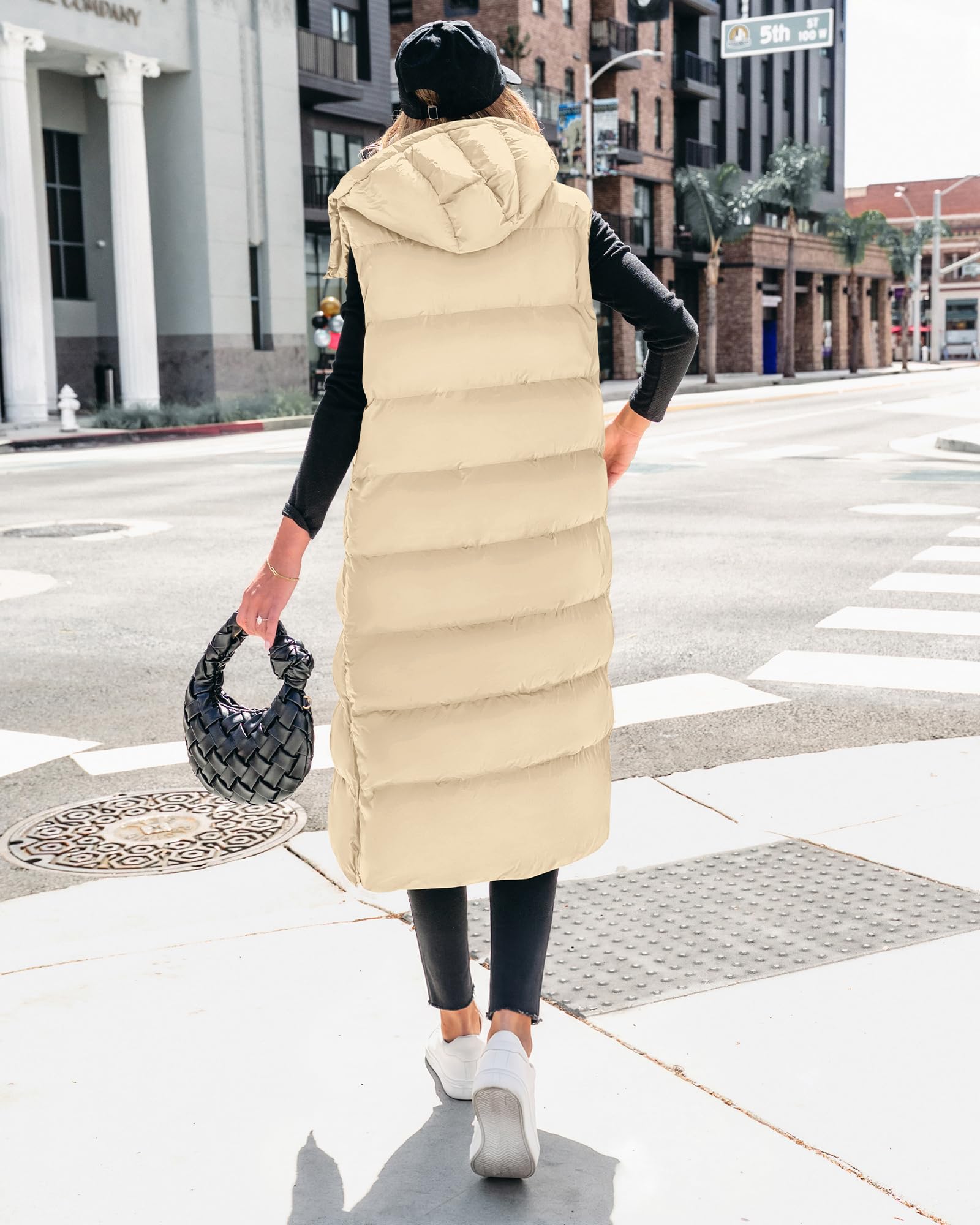 BTFBM Long Puffer Vest Women Quilted Hooded Button Down Zip Up Sleeveless Vests Outerwear Padded Jacket Fall Winter Coat