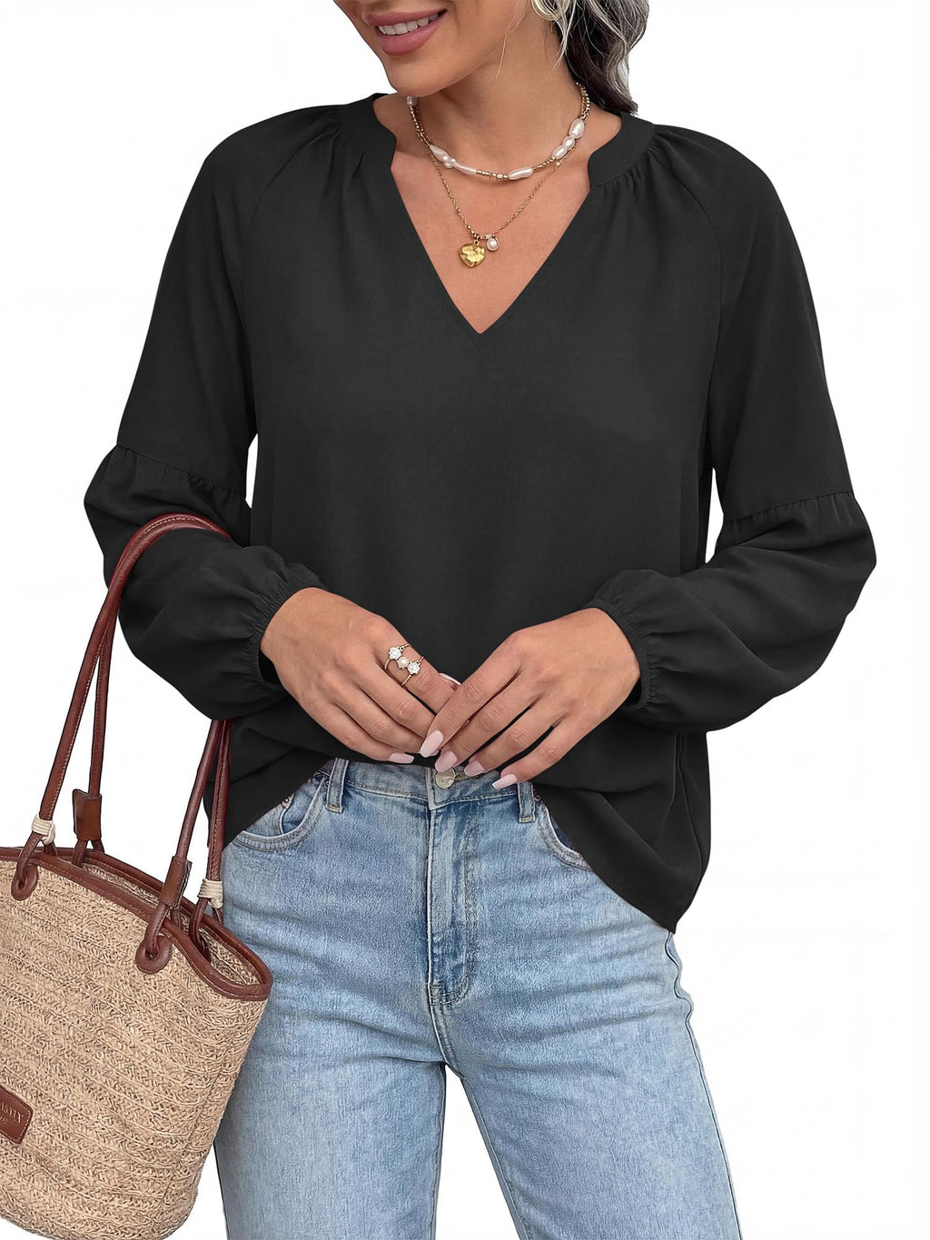 BTFBM Blouses for Women Dressy Casual Boho Tops V Neck Lightweight Long Sleeve Shirts Spring Clothes