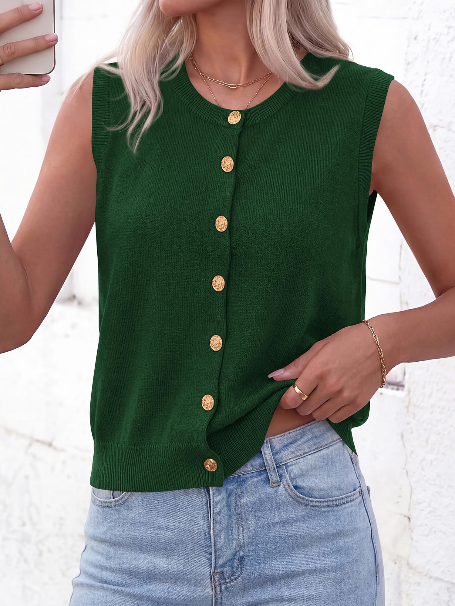 BTFBM Sweater Vest Women Casual Crewneck Loose Button Down Knit Sleeveless Cardigan Spring Clothes Summer Vest Tops