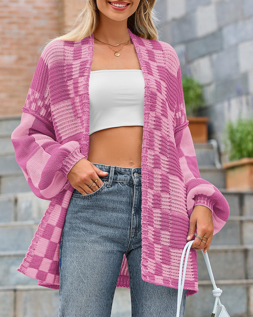 BTFBM Casual Cardigan Sweater for Women Fall Long Sleeve Sweaters Fall Outfits, Loose Fit,Solid,Open Front Chunky Knit Sweaters,Chunky Cardigan Sweaters For Women,Checkered Outwear Coat