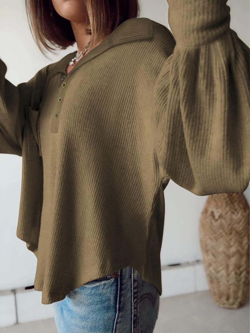 FreshPretty Womens Fall Fashion Long Sleeve Shirts Casual V Neck Ribbed Knit Blouses Pullover Trendy Loose Fit Tunic Tops