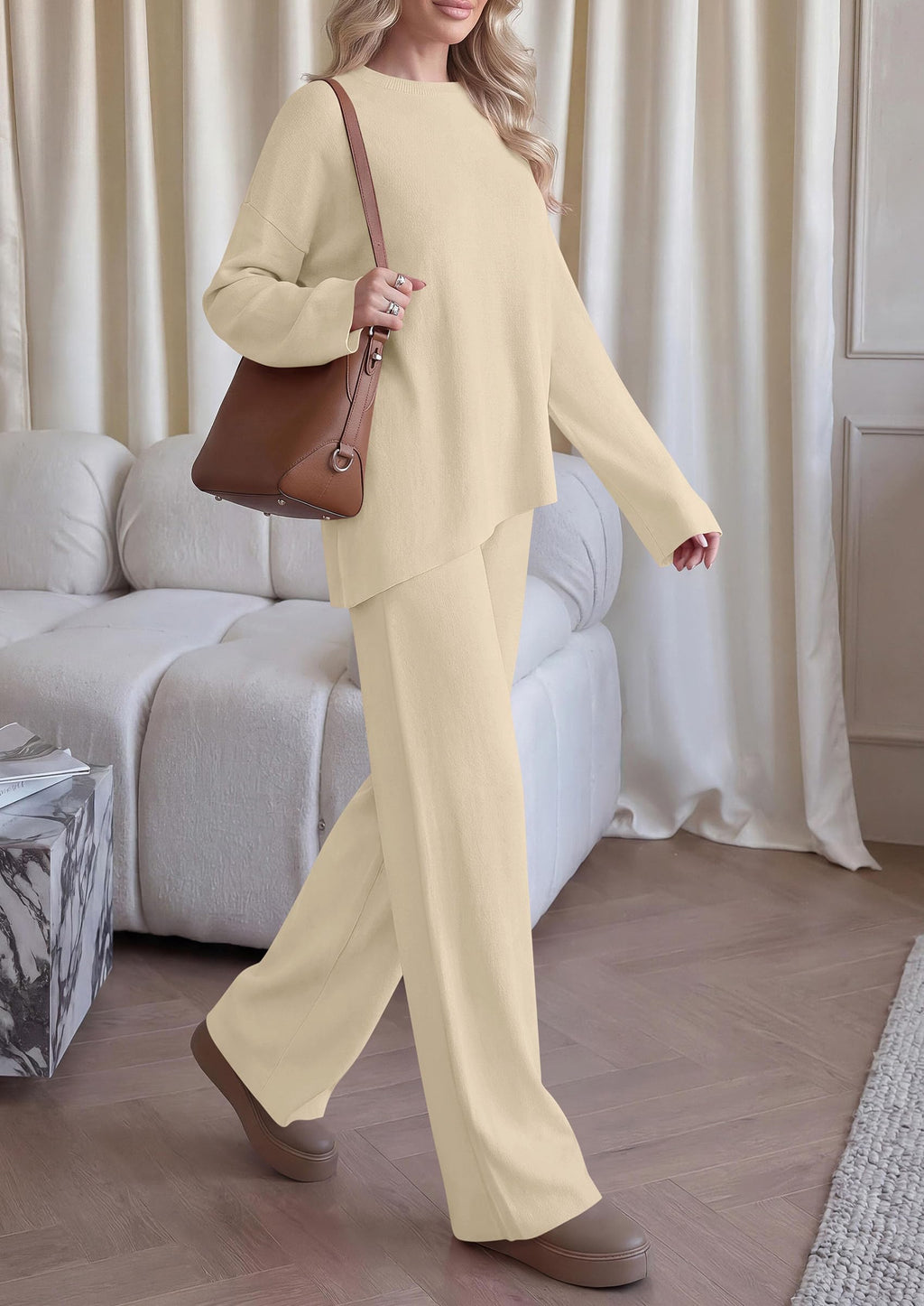 PRETTYGARDEN Womens Fall 2 Piece Asymmetric Cozy Sweater Travel Lounge Sets Crewneck Drop Shoulder Tops, Wide Leg Pants, Soft Casual Knit Matching Set,Vacation Airport Holiday Outfits