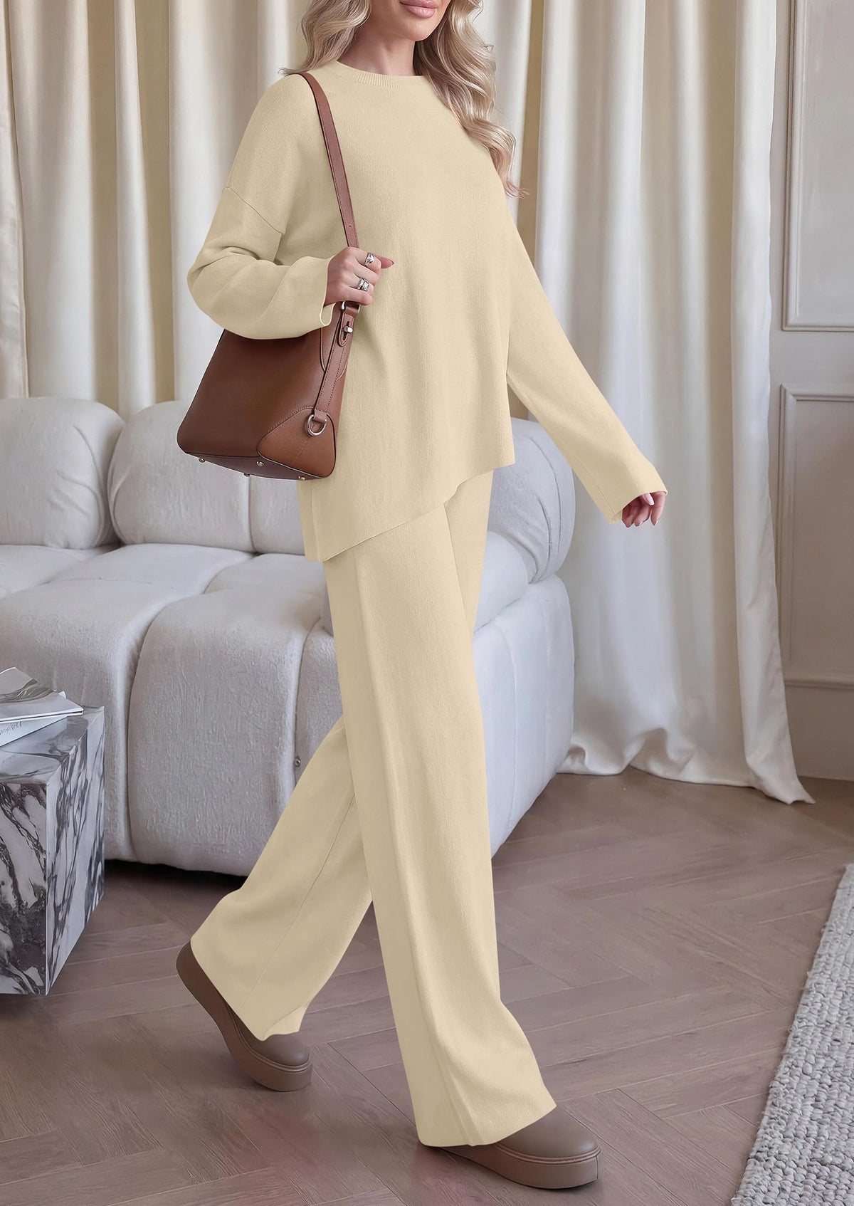 PRETTYGARDEN Womens Fall 2 Piece Asymmetric Cozy Sweater Travel Lounge Sets Crewneck Drop Shoulder Tops, Wide Leg Pants, Soft Casual Knit Matching Set,Vacation Airport Holiday Outfits