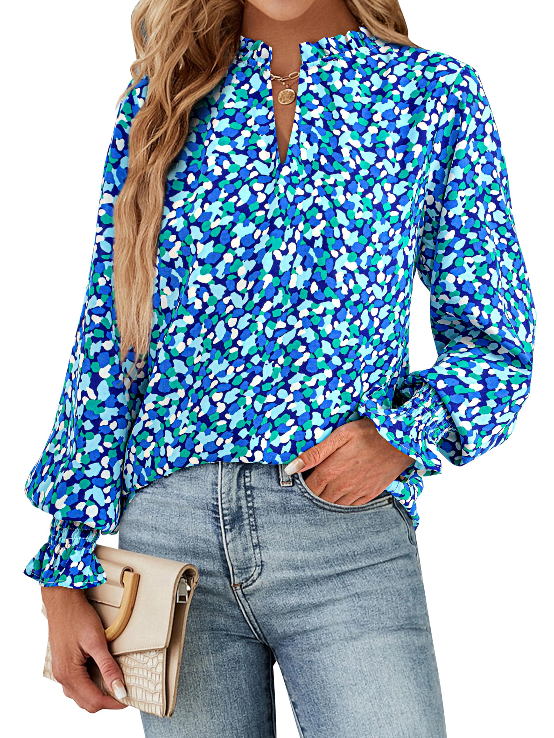 FreshPretty Womens V Neck Floral Long Sleeve Tops Summer Casual Loose Puff Sleeve Chiffon Boho Work Blouse Dressy T Shirts