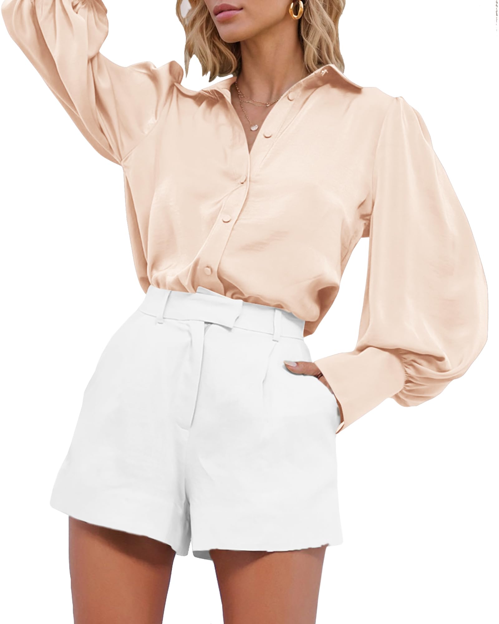 BTFBM Women Satin Blouses Summer Fall Clothes Button Down Lantern Long Sleeve Shirts Work Business Casual Dressy Tops