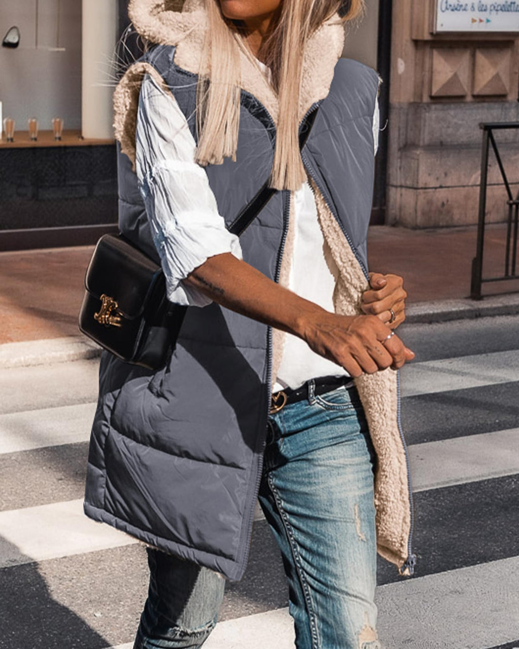 BTFBM Long Puffer Vest Women Fleece Sherpa Jacket Sleeveless Hooded Reversible Zip Up Winter Coat Fall Vests Outerwear